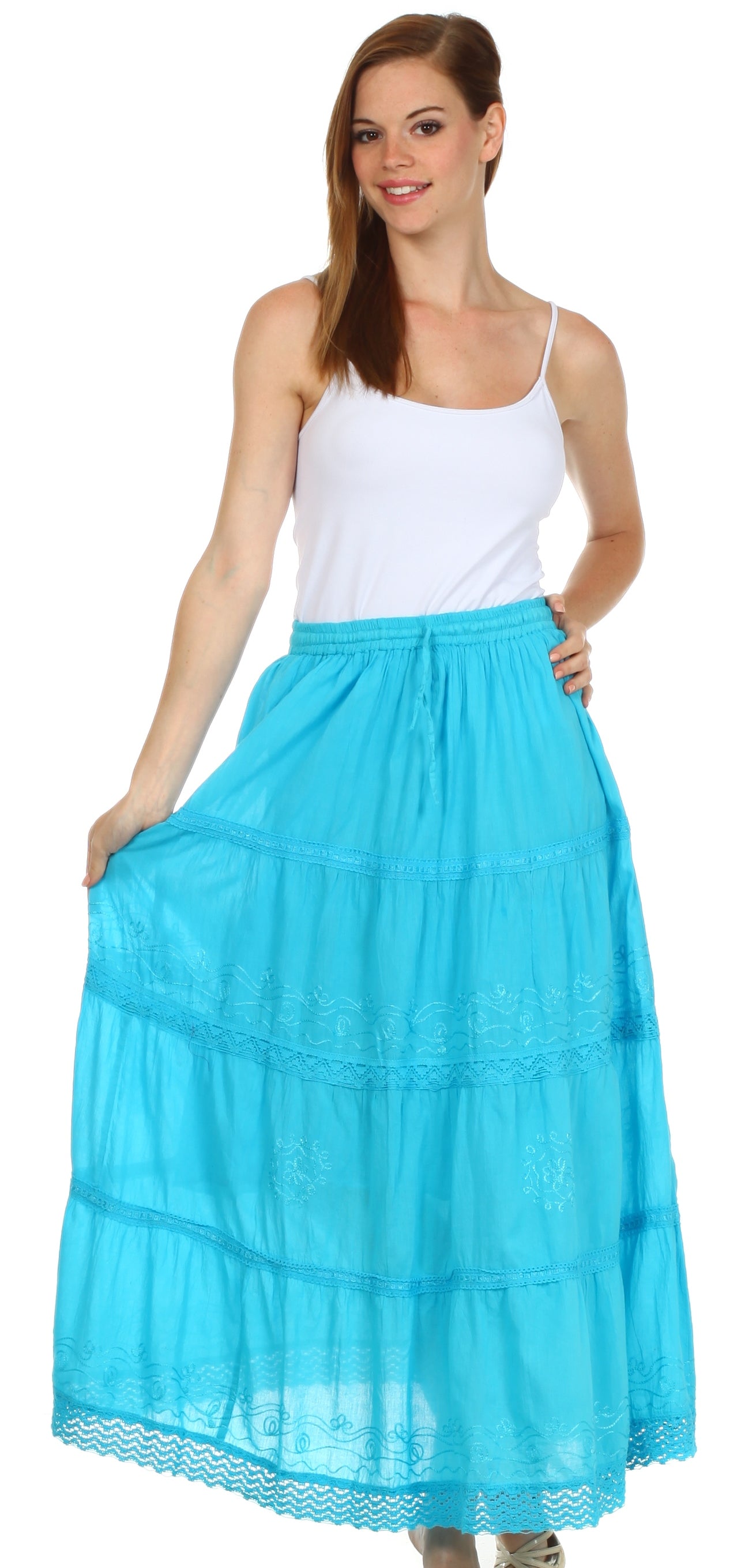 Sakkas Solid Embroidered Crochet Lace Trim Gypsy Bohemian Mid Length Cotton Skirt - Concordia Style Boutique