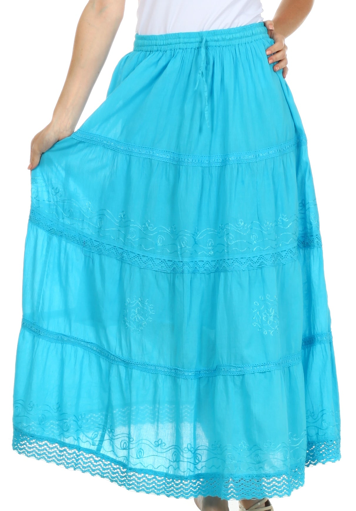 Sakkas Solid Embroidered Crochet Lace Trim Gypsy Bohemian Mid Length Cotton Skirt - Concordia Style Boutique