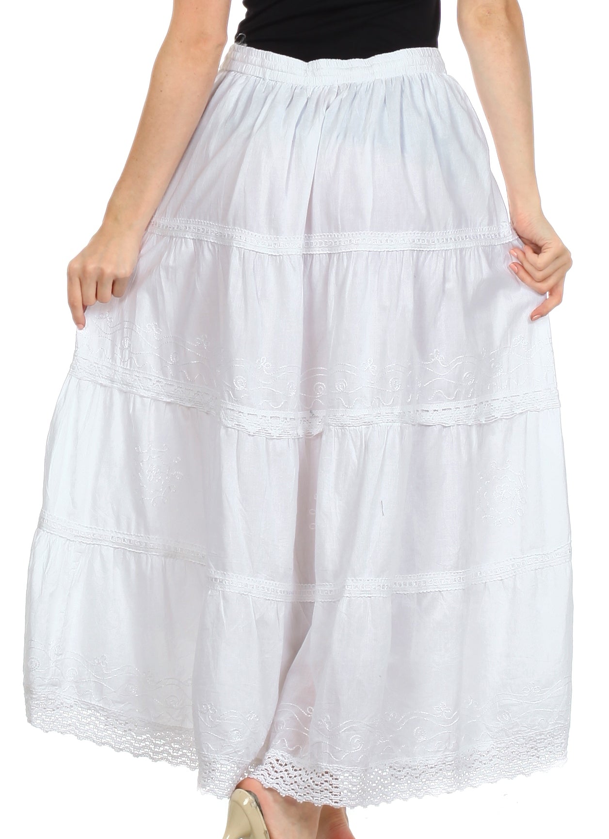 Sakkas Solid Embroidered Crochet Lace Trim Gypsy Bohemian Mid Length Cotton Skirt - Concordia Style Boutique