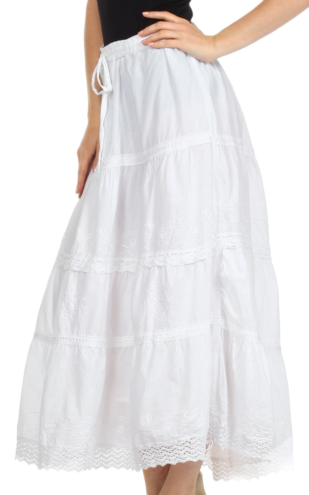 Sakkas Solid Embroidered Crochet Lace Trim Gypsy Bohemian Mid Length Cotton Skirt - Concordia Style Boutique