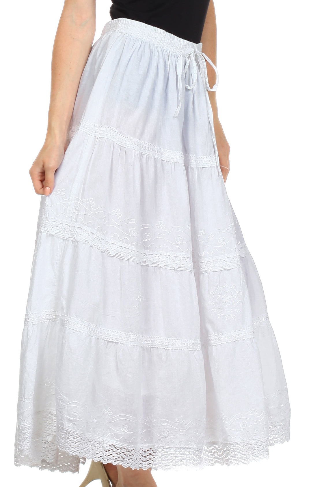Sakkas Solid Embroidered Crochet Lace Trim Gypsy Bohemian Mid Length Cotton Skirt - Concordia Style Boutique
