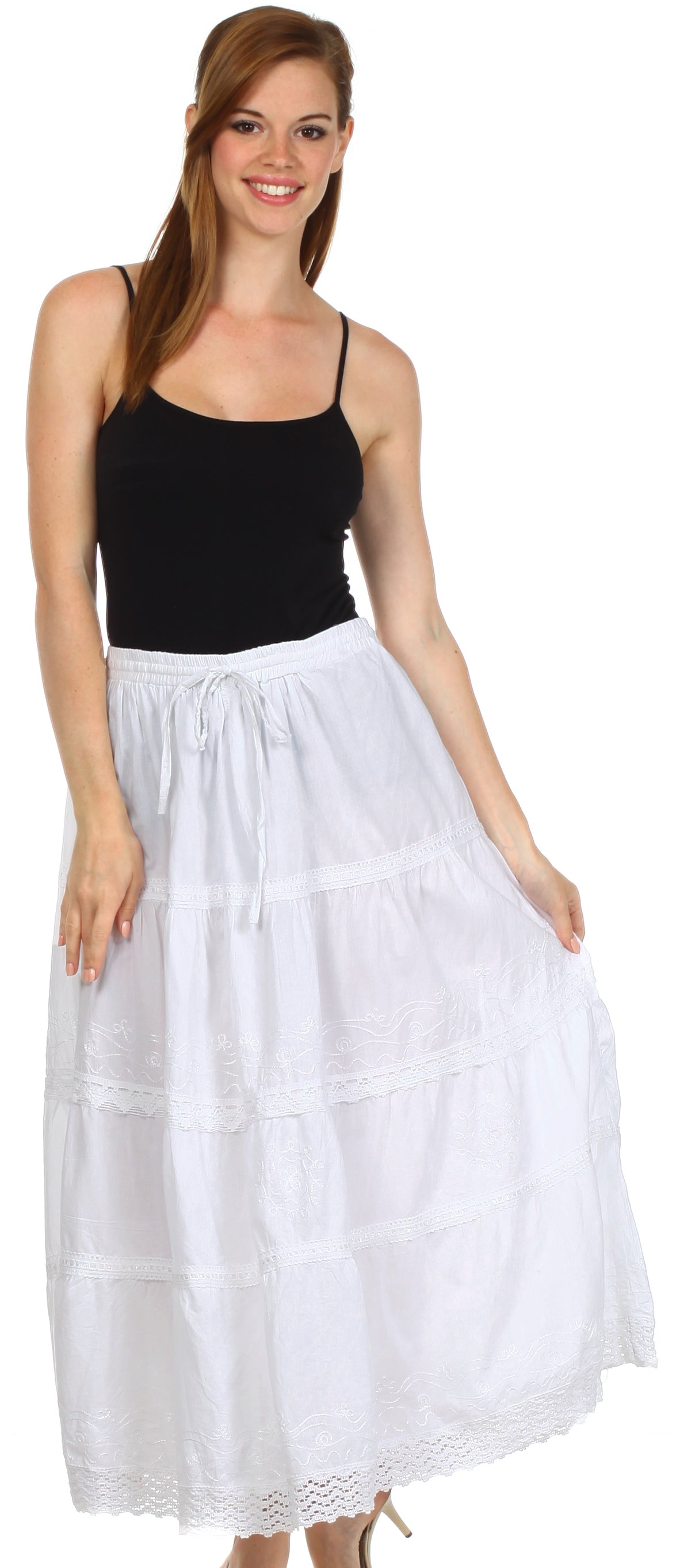 Sakkas Solid Embroidered Crochet Lace Trim Gypsy Bohemian Mid Length Cotton Skirt - Concordia Style Boutique