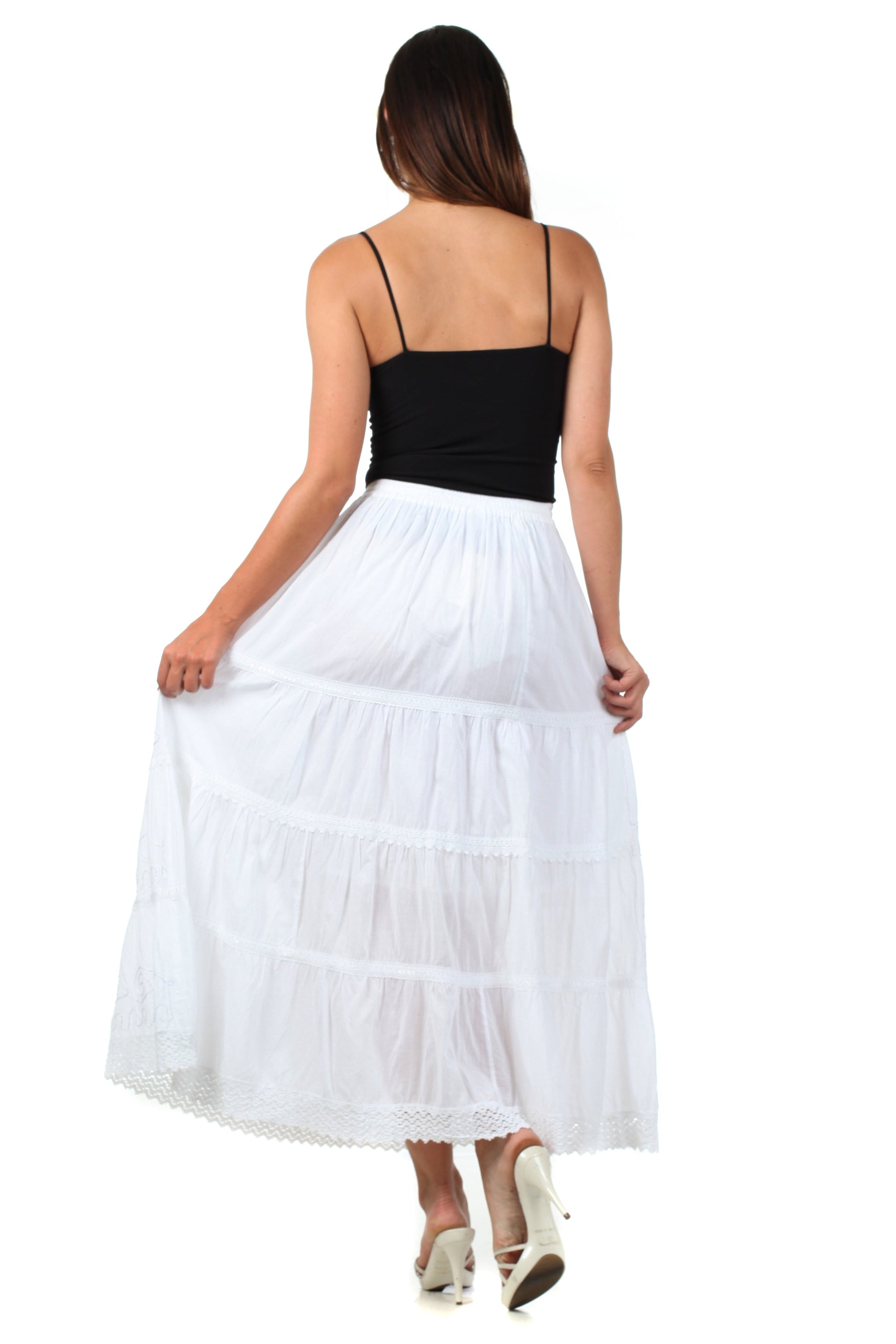 Sakkas Solid Embroidered Crochet Lace Trim Gypsy Bohemian Mid Length Cotton Skirt - Concordia Style Boutique