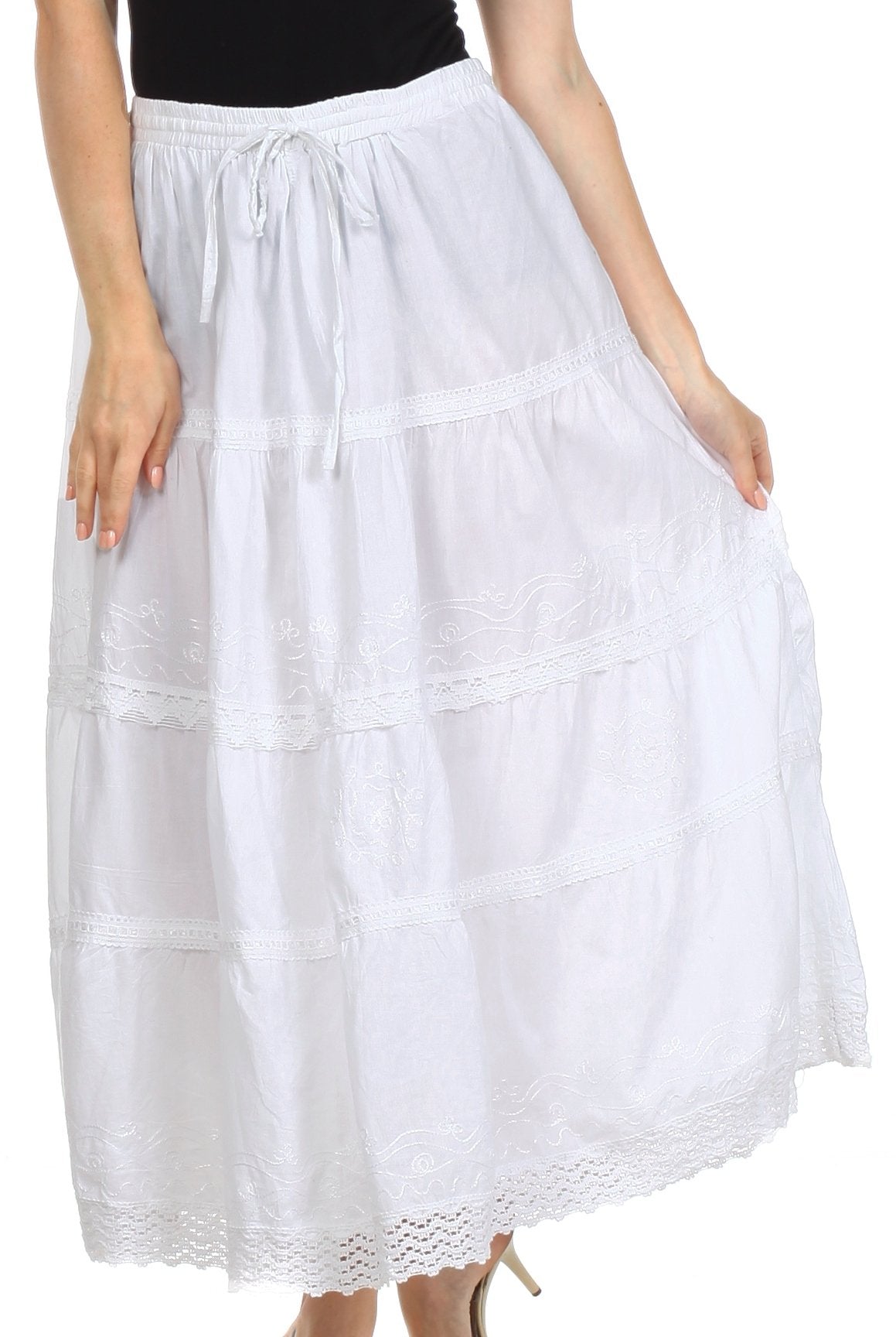 Sakkas Solid Embroidered Crochet Lace Trim Gypsy Bohemian Mid Length Cotton Skirt - Concordia Style Boutique