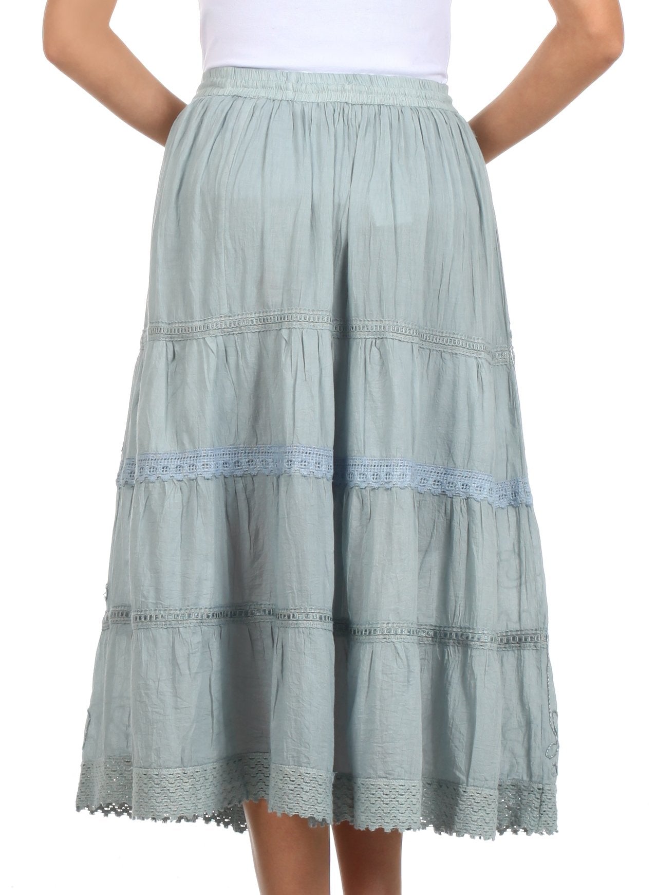 Sakkas Solid Embroidered Crochet Lace Trim Gypsy Bohemian Mid Length Cotton Skirt - Concordia Style Boutique