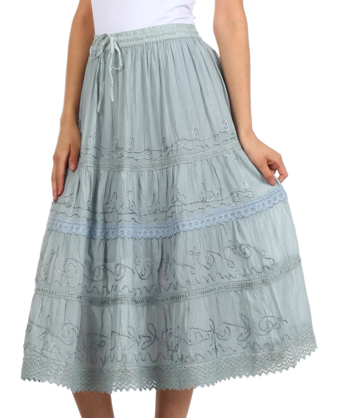 Sakkas Solid Embroidered Crochet Lace Trim Gypsy Bohemian Mid Length Cotton Skirt - Concordia Style Boutique