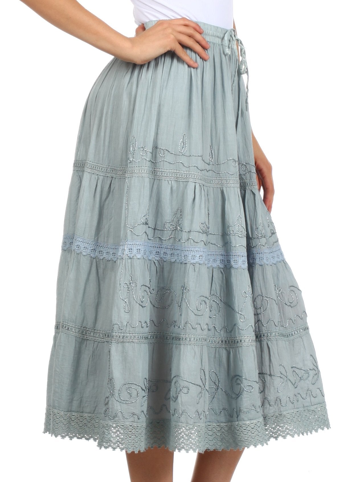 Sakkas Solid Embroidered Crochet Lace Trim Gypsy Bohemian Mid Length Cotton Skirt - Concordia Style Boutique