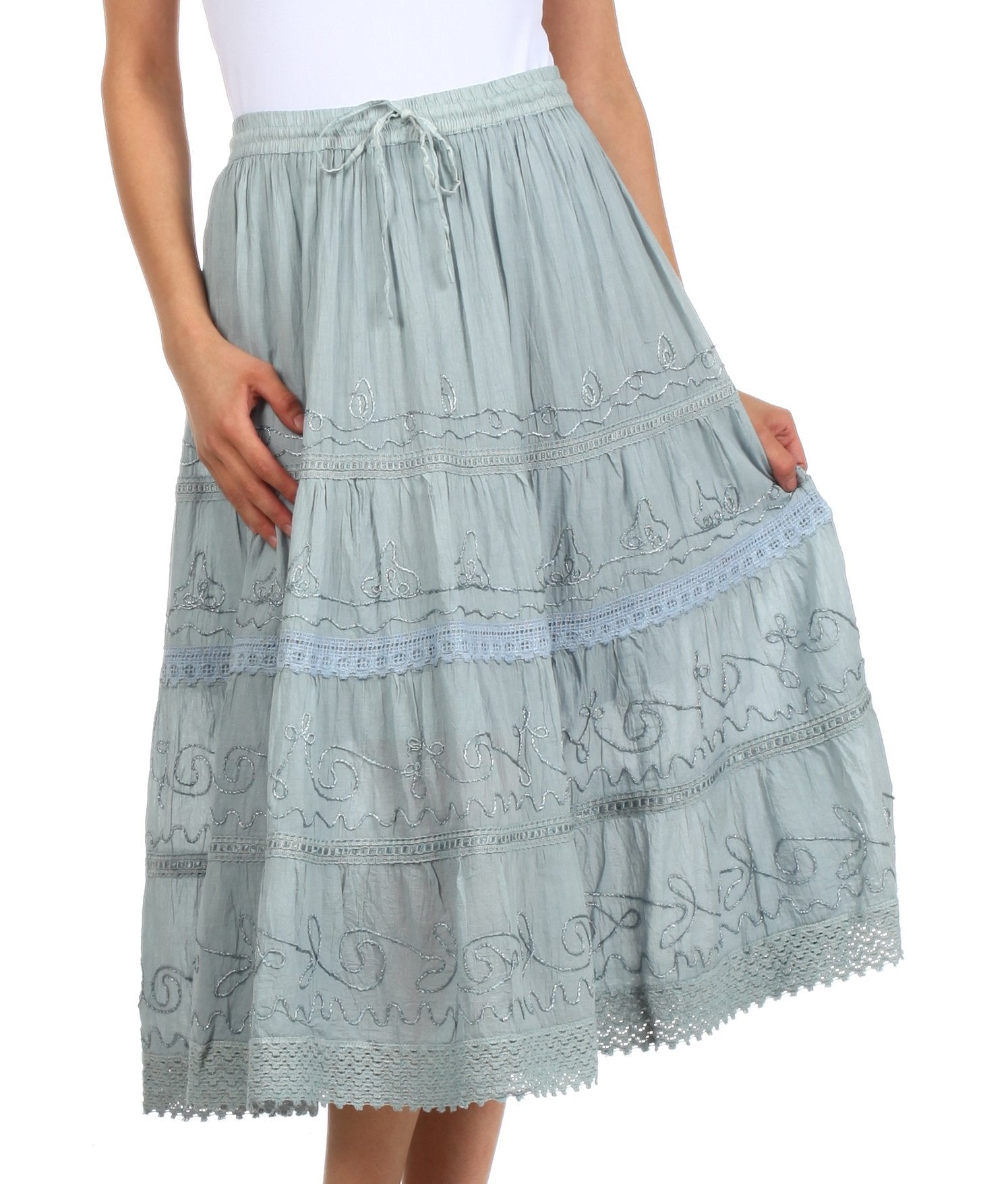 Sakkas Solid Embroidered Crochet Lace Trim Gypsy Bohemian Mid Length Cotton Skirt - Concordia Style Boutique
