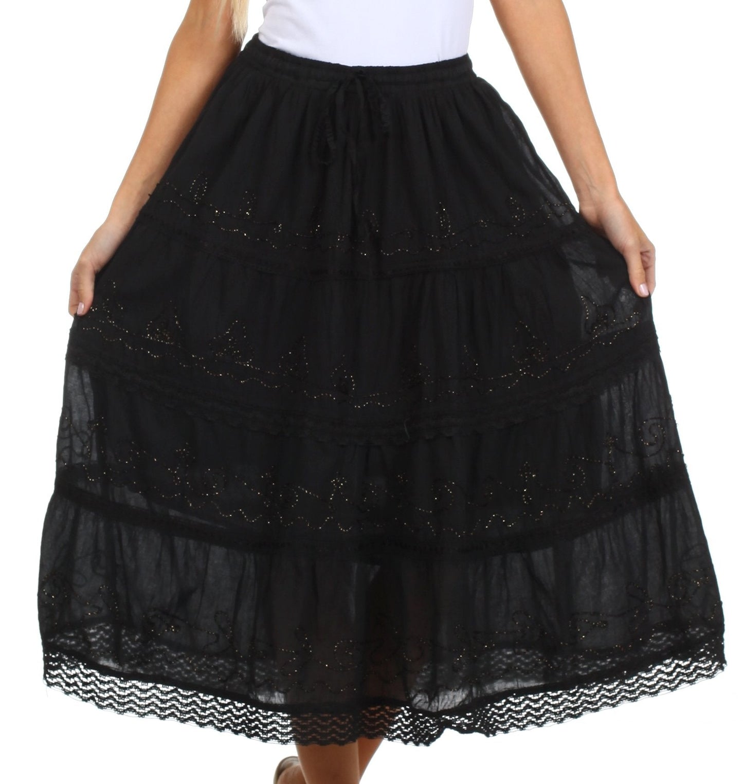 Sakkas Solid Embroidered Crochet Lace Trim Gypsy Bohemian Mid Length Cotton Skirt - Concordia Style Boutique
