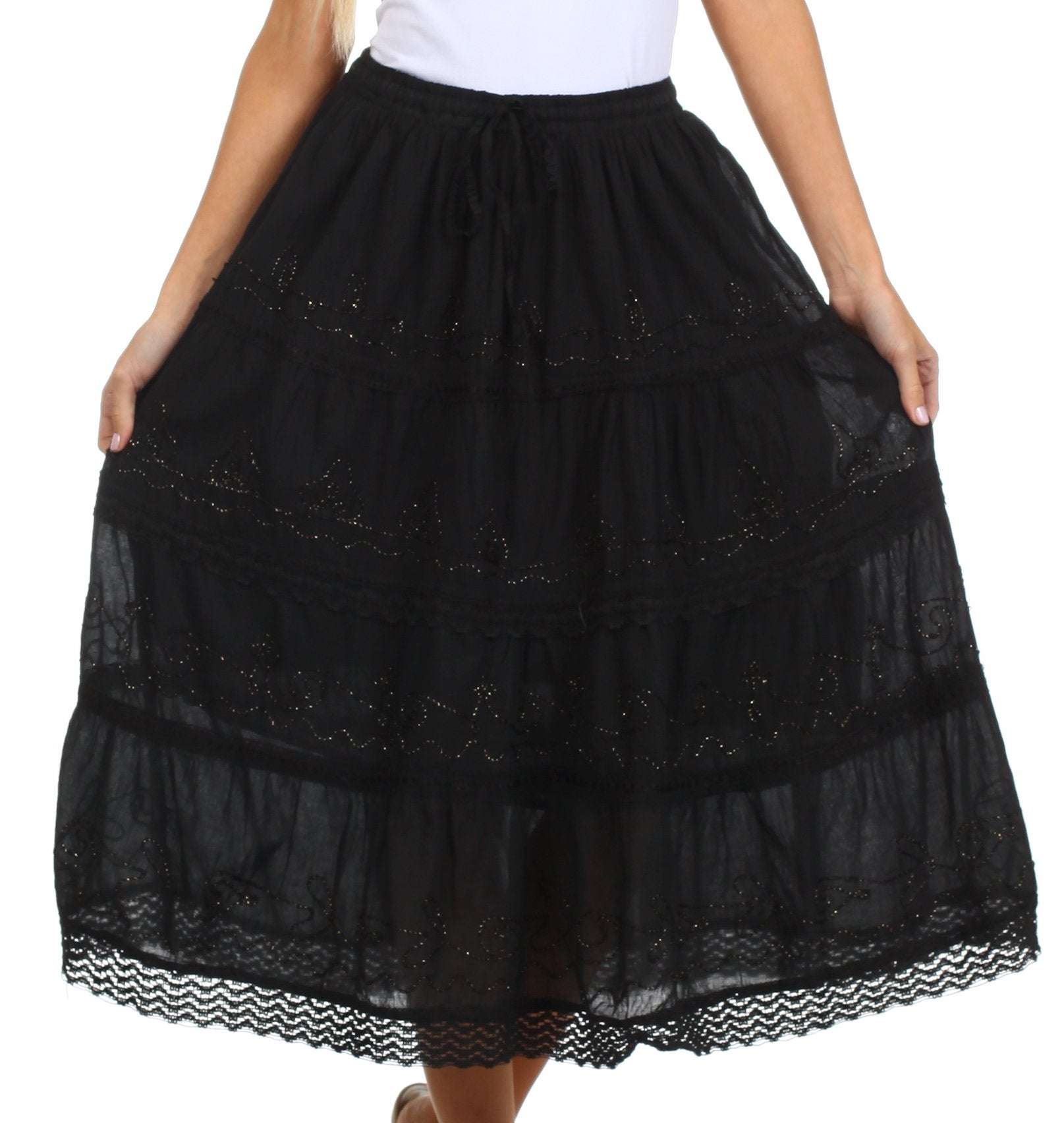 Sakkas Solid Embroidered Crochet Lace Trim Gypsy Bohemian Mid Length Cotton Skirt - Concordia Style Boutique