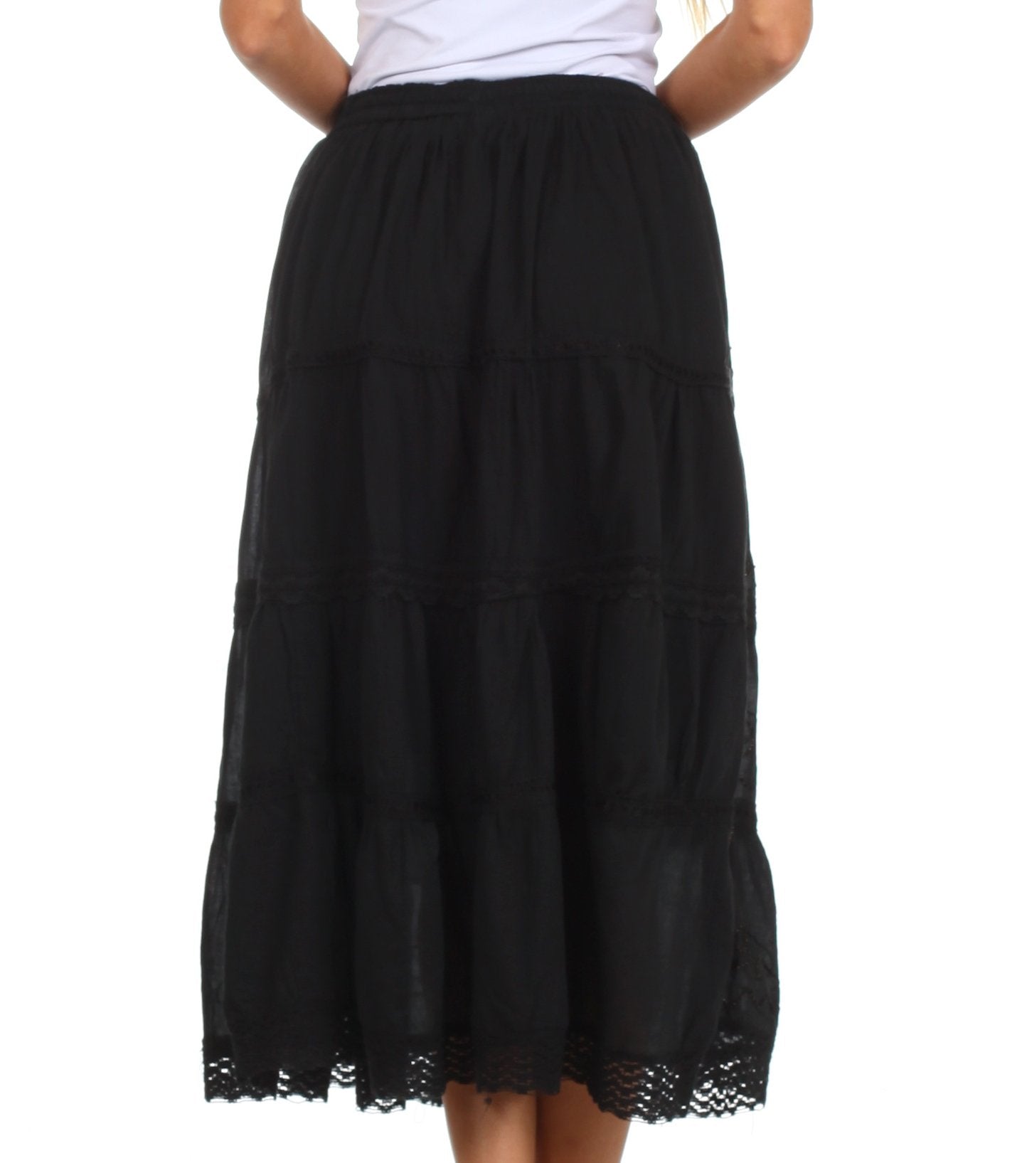 Sakkas Solid Embroidered Crochet Lace Trim Gypsy Bohemian Mid Length Cotton Skirt - Concordia Style Boutique