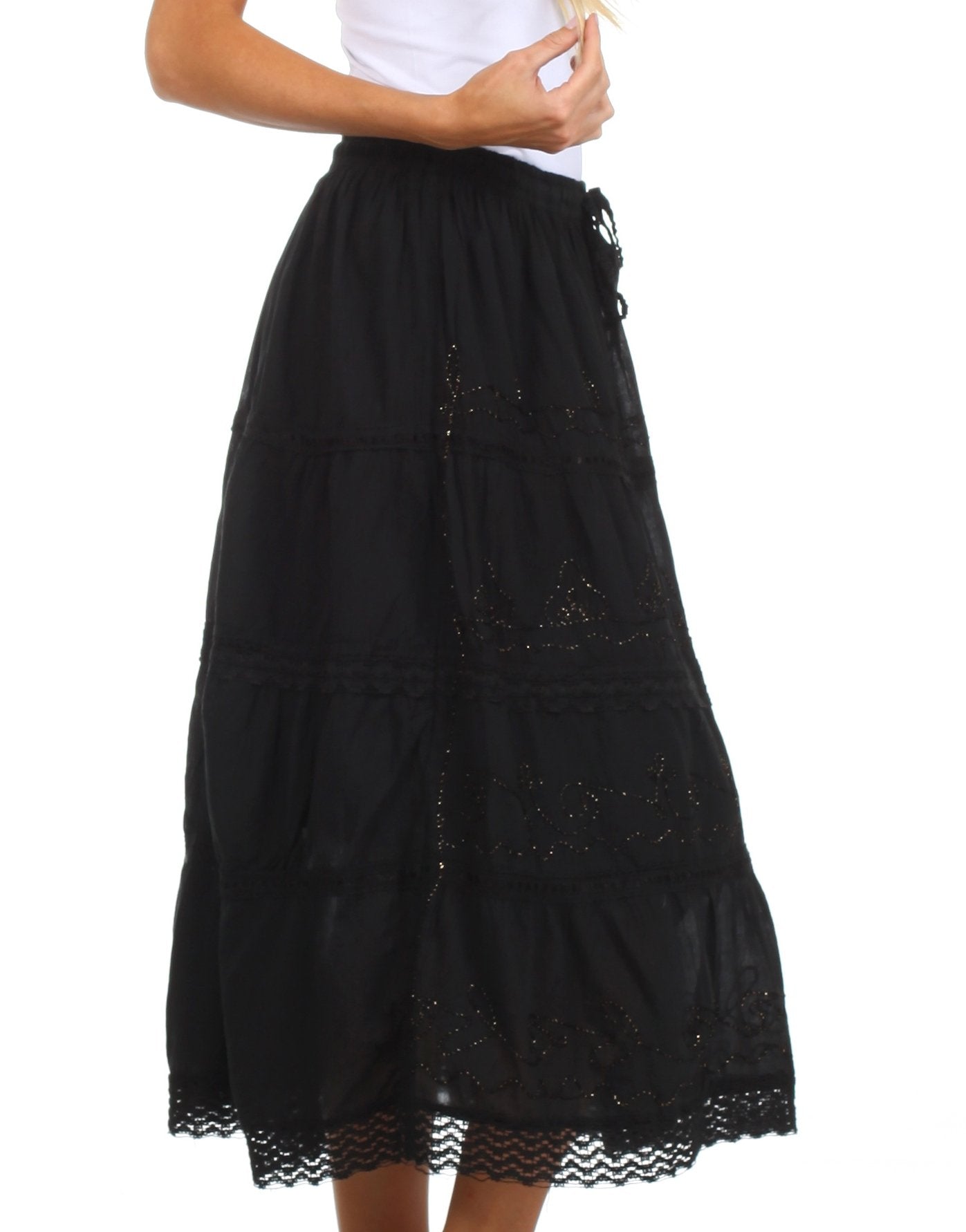 Sakkas Solid Embroidered Crochet Lace Trim Gypsy Bohemian Mid Length Cotton Skirt - Concordia Style Boutique