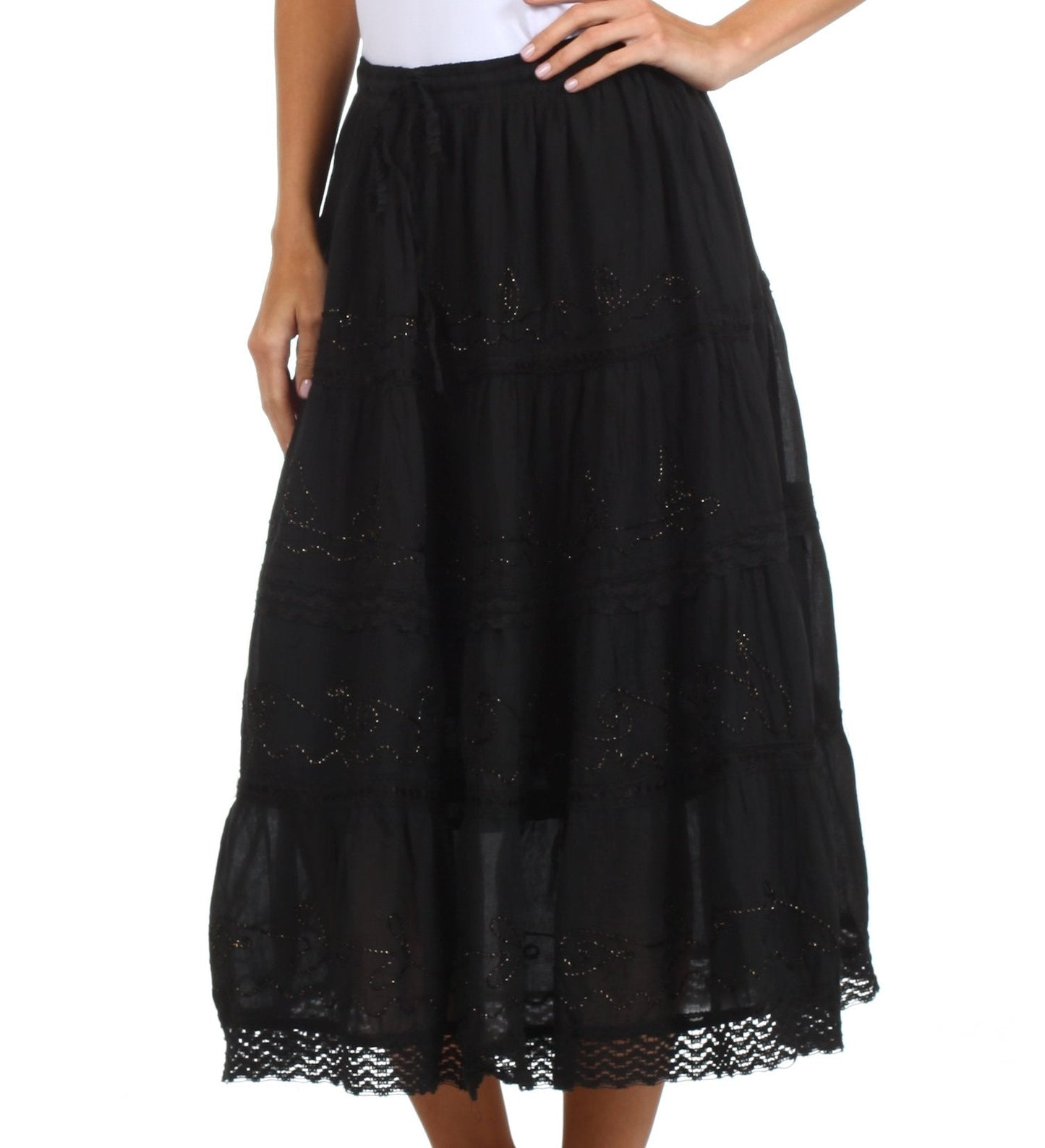 Sakkas Solid Embroidered Crochet Lace Trim Gypsy Bohemian Mid Length Cotton Skirt - Concordia Style Boutique