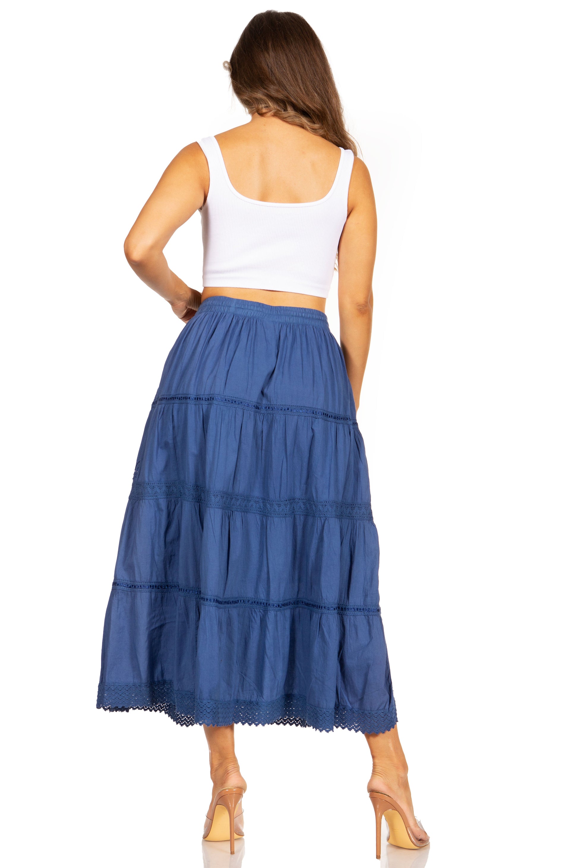 Sakkas Solid Embroidered Crochet Lace Trim Gypsy Bohemian Mid Length Cotton Skirt - Concordia Style Boutique