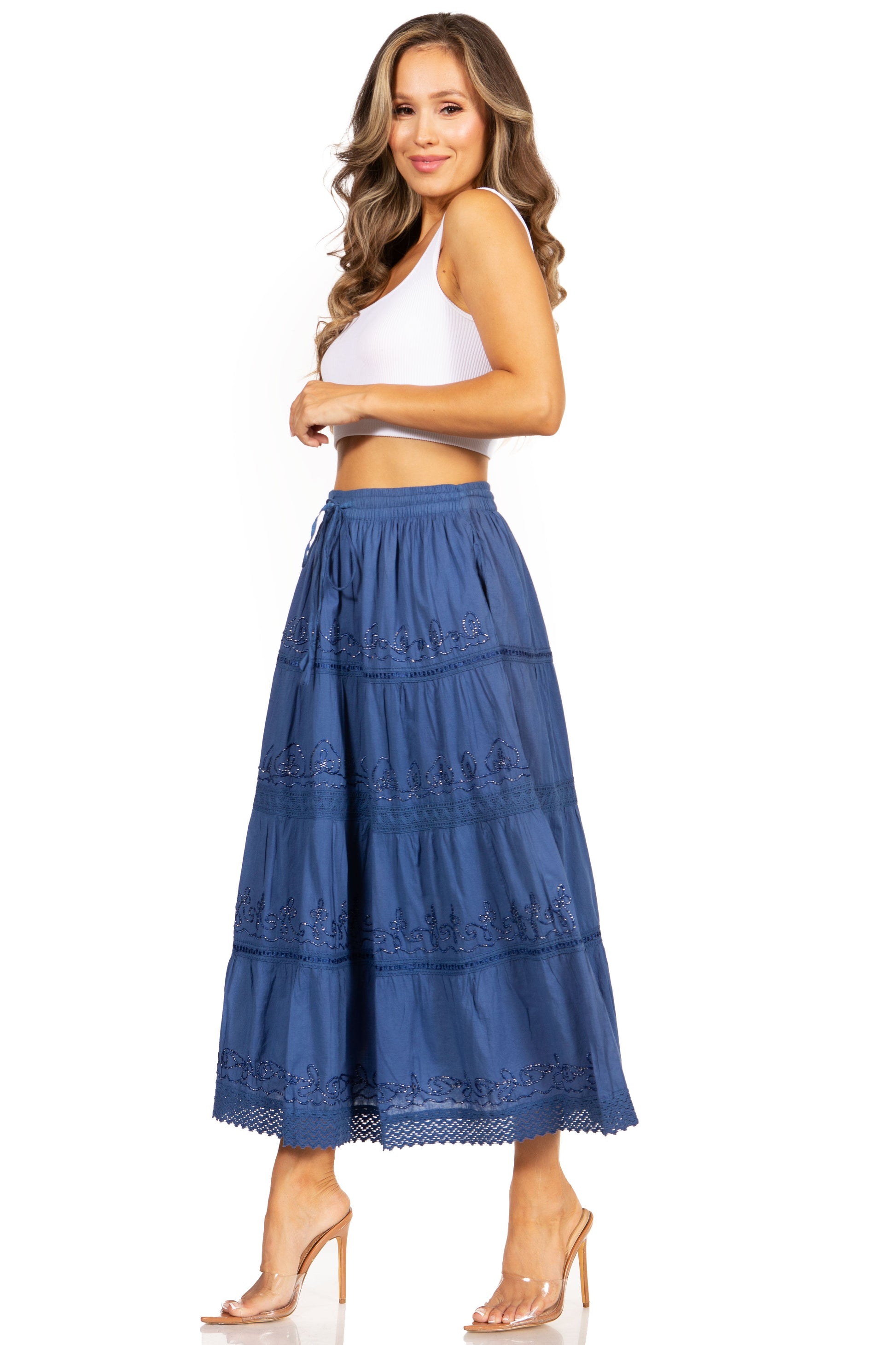 Sakkas Solid Embroidered Crochet Lace Trim Gypsy Bohemian Mid Length Cotton Skirt - Concordia Style Boutique