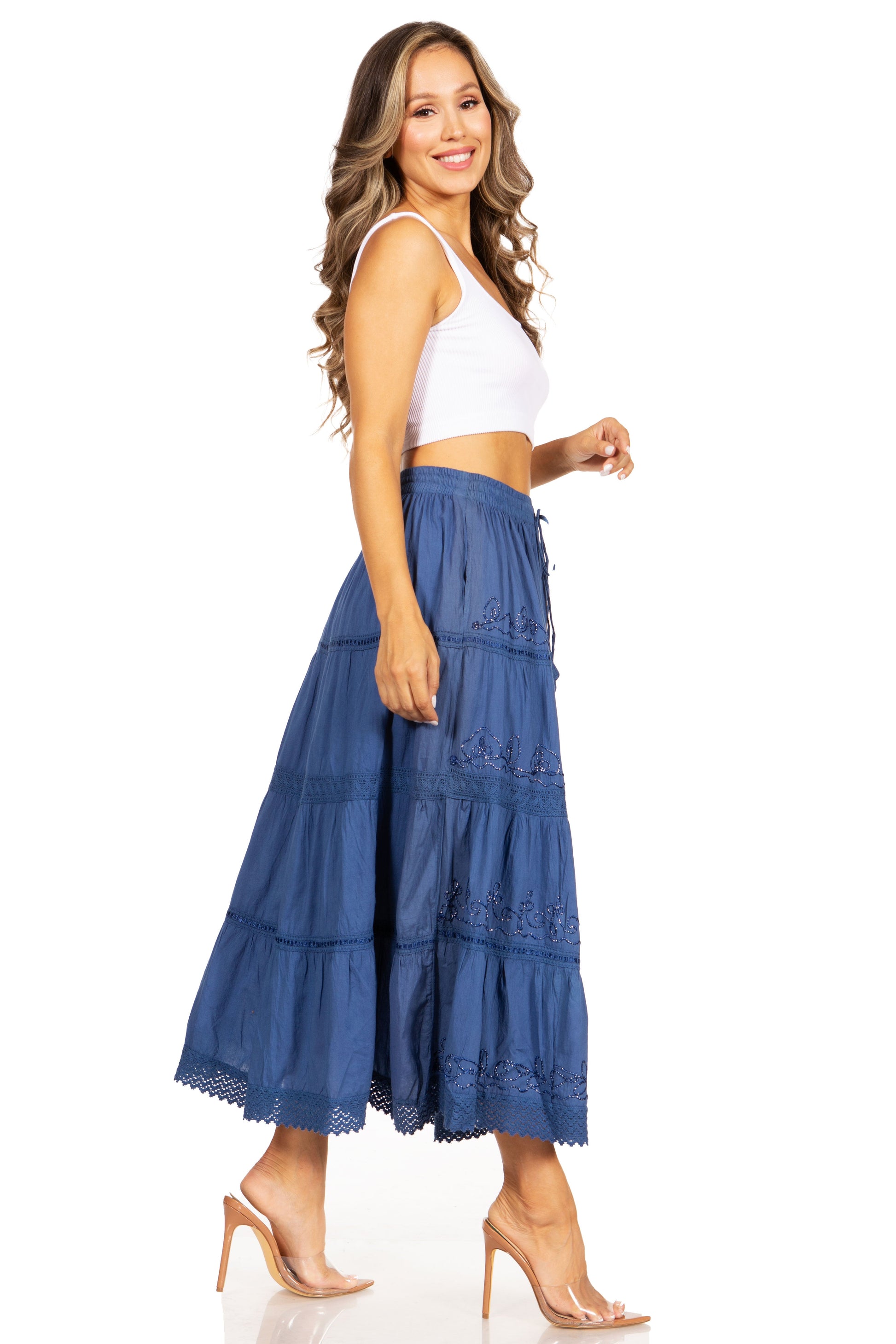Sakkas Solid Embroidered Crochet Lace Trim Gypsy Bohemian Mid Length Cotton Skirt - Concordia Style Boutique