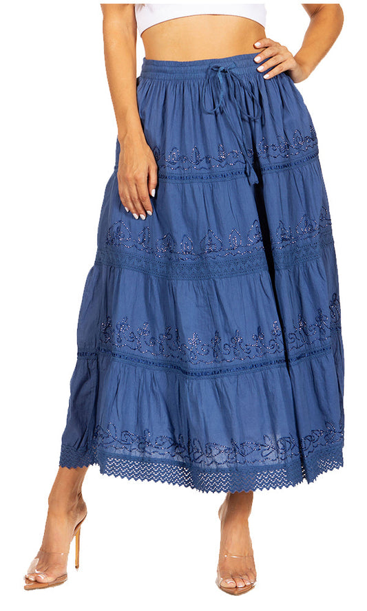 Sakkas Solid Embroidered Crochet Lace Trim Gypsy Bohemian Mid Length Cotton Skirt - Concordia Style Boutique