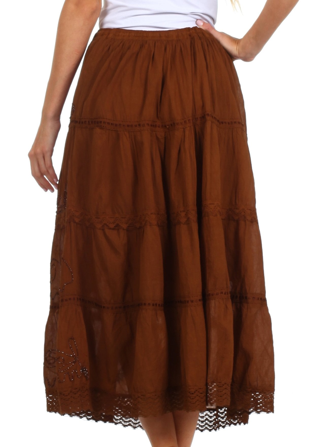 Sakkas Solid Embroidered Crochet Lace Trim Gypsy Bohemian Mid Length Cotton Skirt - Concordia Style Boutique