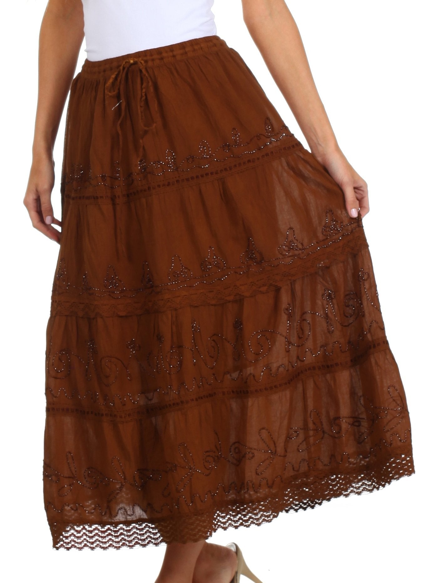 Sakkas Solid Embroidered Crochet Lace Trim Gypsy Bohemian Mid Length Cotton Skirt - Concordia Style Boutique