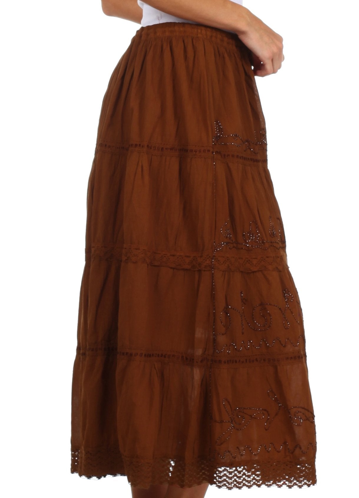 Sakkas Solid Embroidered Crochet Lace Trim Gypsy Bohemian Mid Length Cotton Skirt - Concordia Style Boutique