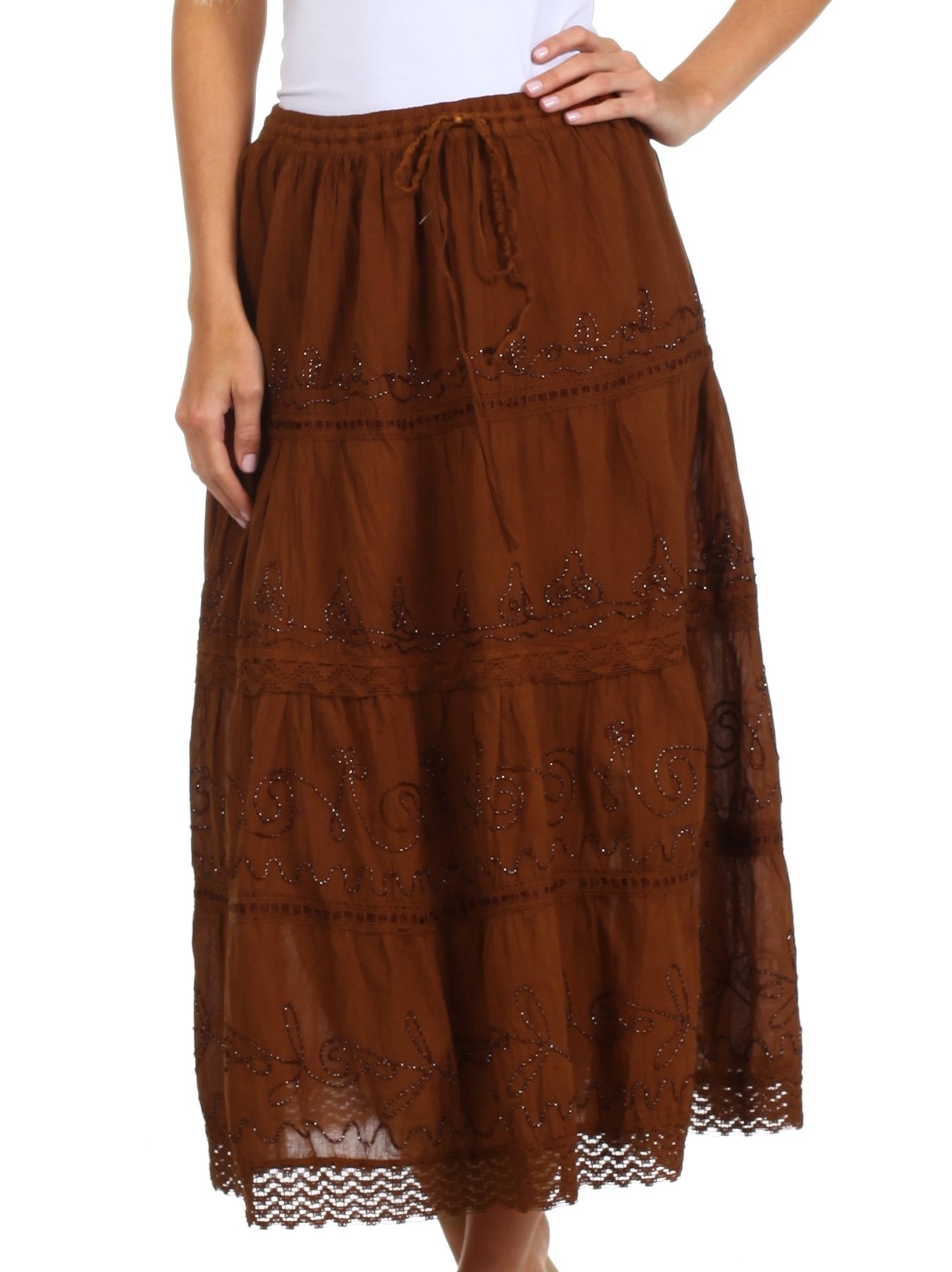 Sakkas Solid Embroidered Crochet Lace Trim Gypsy Bohemian Mid Length Cotton Skirt - Concordia Style Boutique