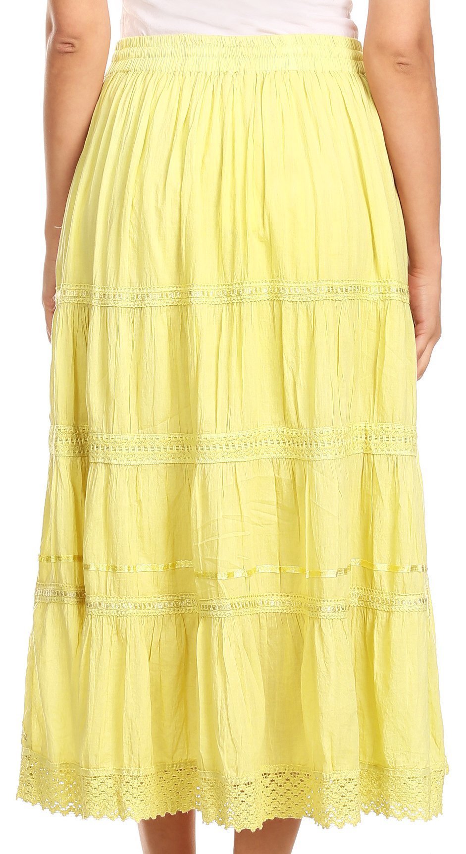Sakkas Solid Embroidered Crochet Lace Trim Gypsy Bohemian Mid Length Cotton Skirt - Concordia Style Boutique
