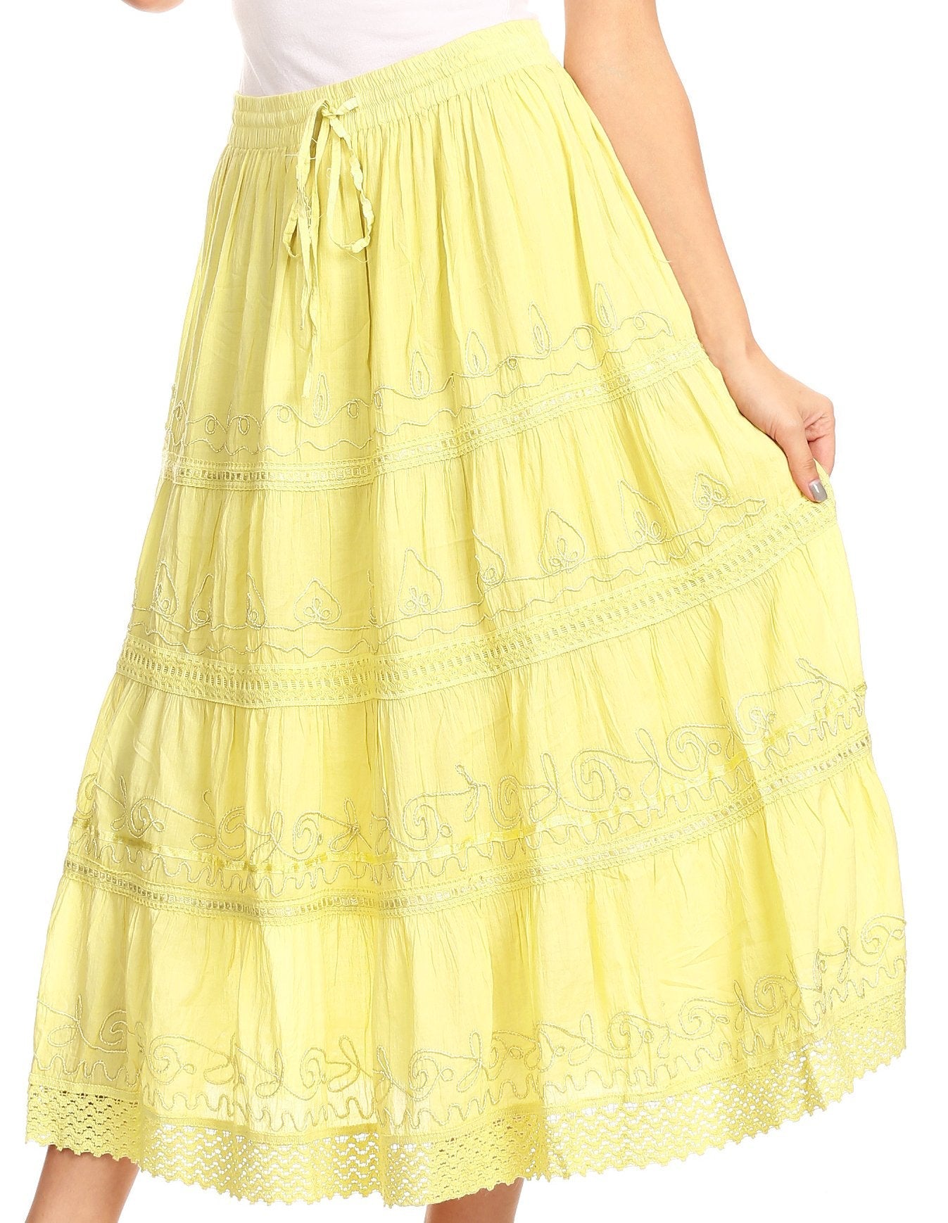 Sakkas Solid Embroidered Crochet Lace Trim Gypsy Bohemian Mid Length Cotton Skirt - Concordia Style Boutique