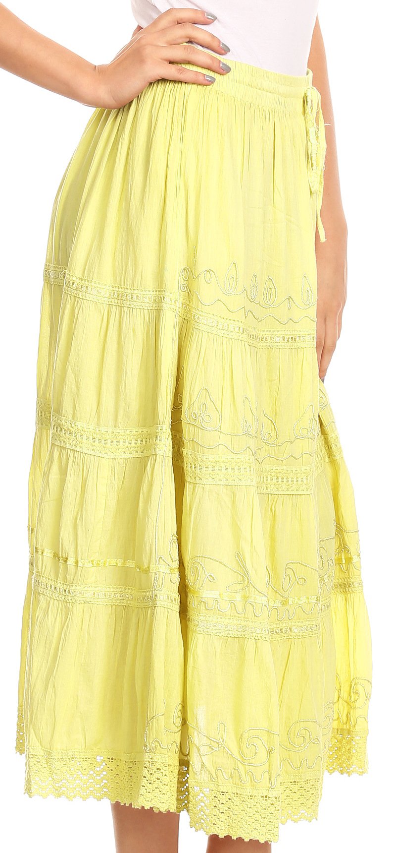Sakkas Solid Embroidered Crochet Lace Trim Gypsy Bohemian Mid Length Cotton Skirt - Concordia Style Boutique