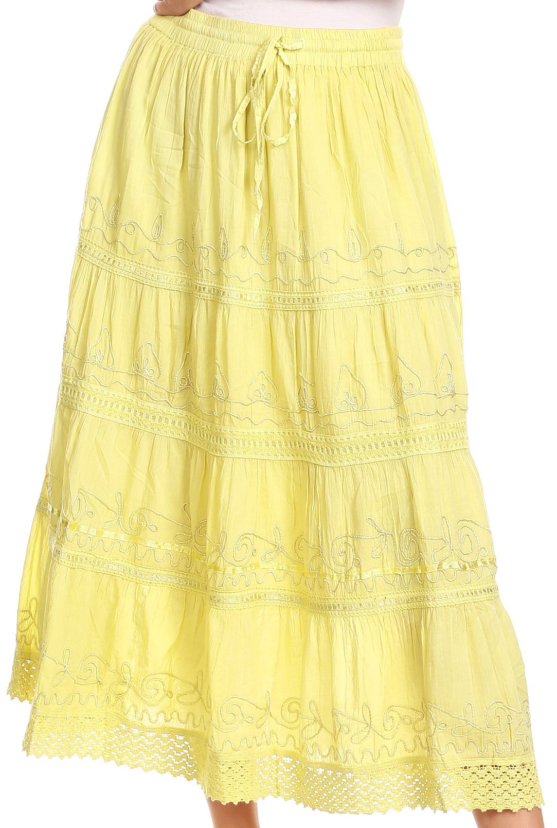 Sakkas Solid Embroidered Crochet Lace Trim Gypsy Bohemian Mid Length Cotton Skirt - Concordia Style Boutique