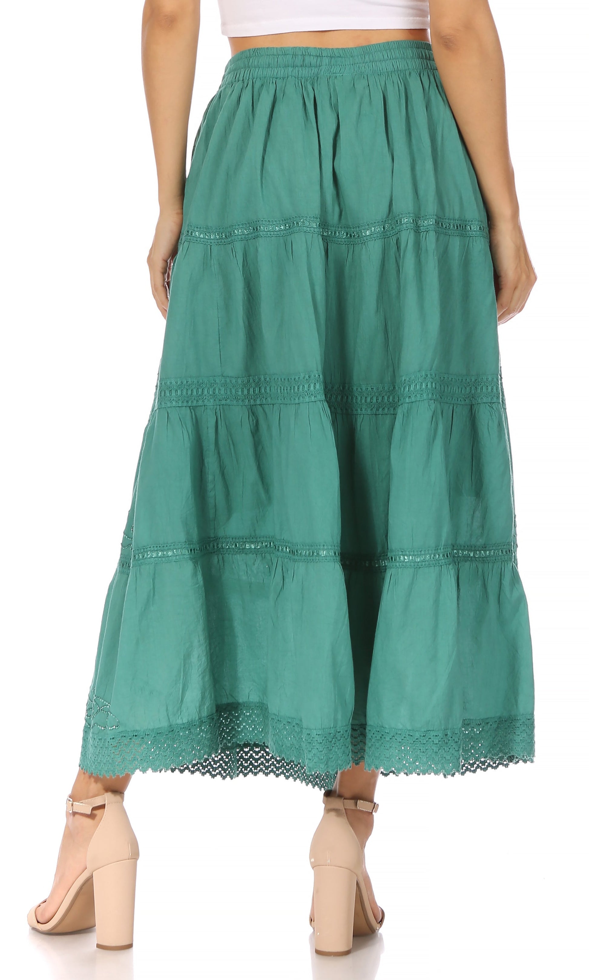 Sakkas Solid Embroidered Crochet Lace Trim Gypsy Bohemian Mid Length Cotton Skirt - Concordia Style Boutique