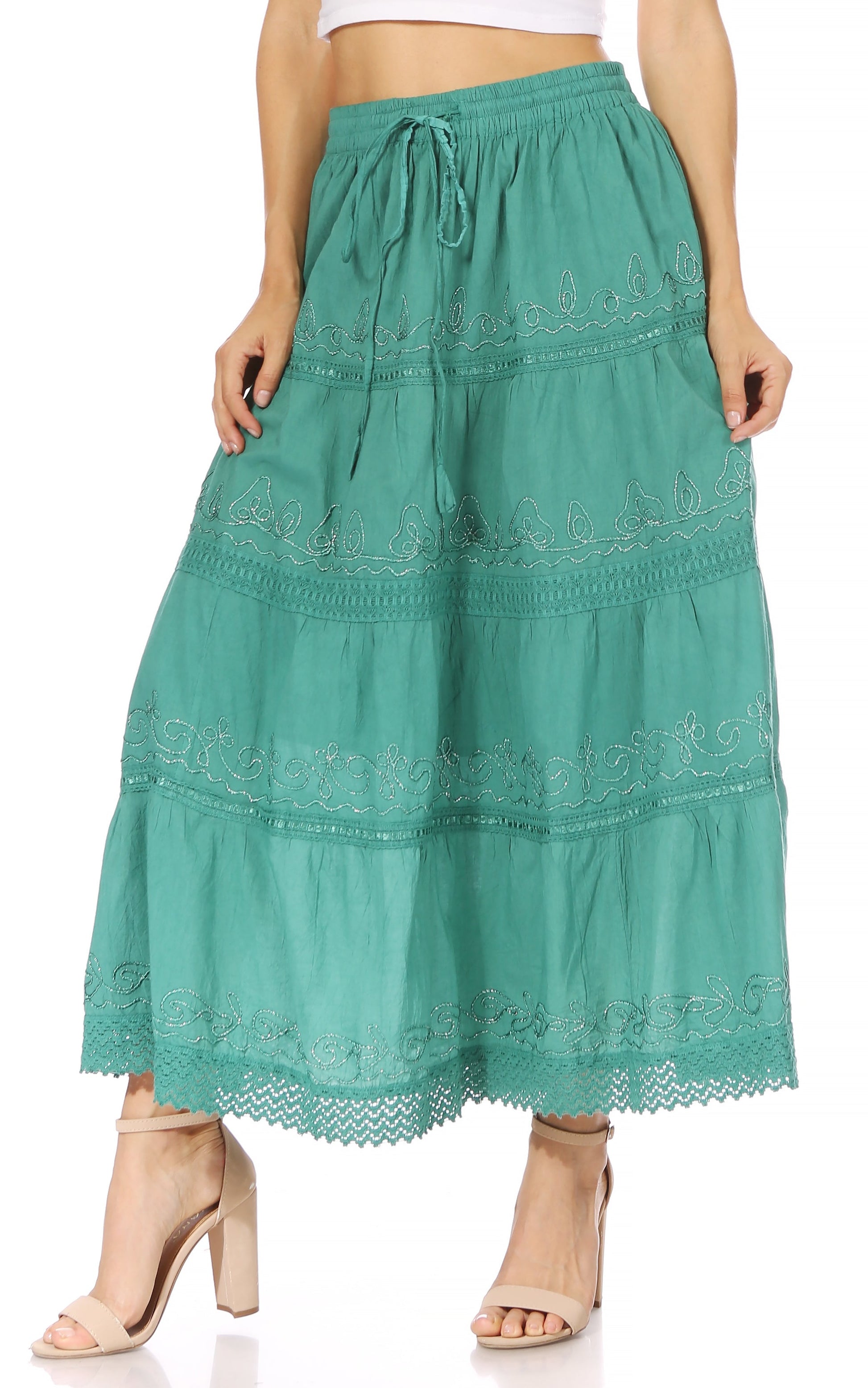 Sakkas Solid Embroidered Crochet Lace Trim Gypsy Bohemian Mid Length Cotton Skirt - Concordia Style Boutique