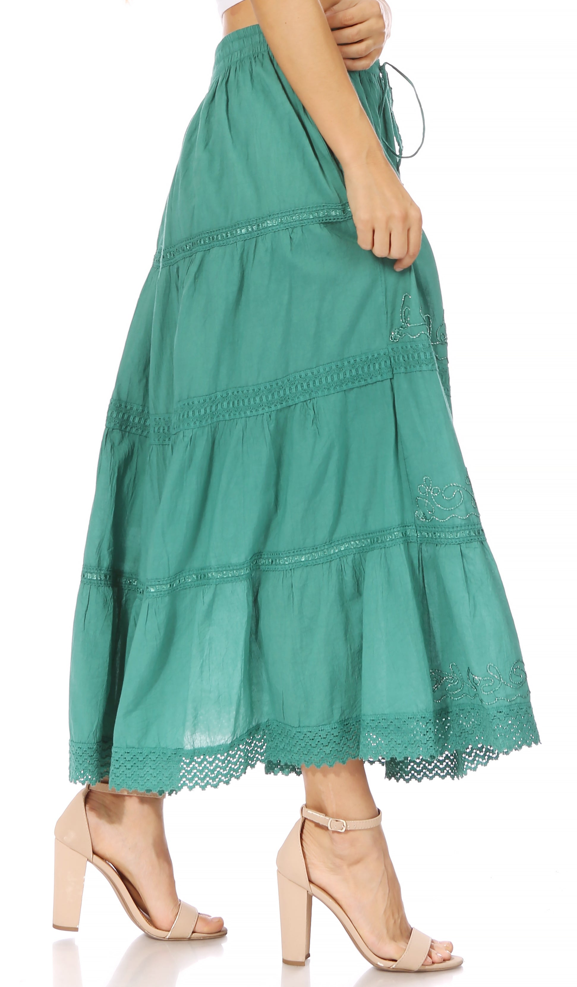 Sakkas Solid Embroidered Crochet Lace Trim Gypsy Bohemian Mid Length Cotton Skirt - Concordia Style Boutique