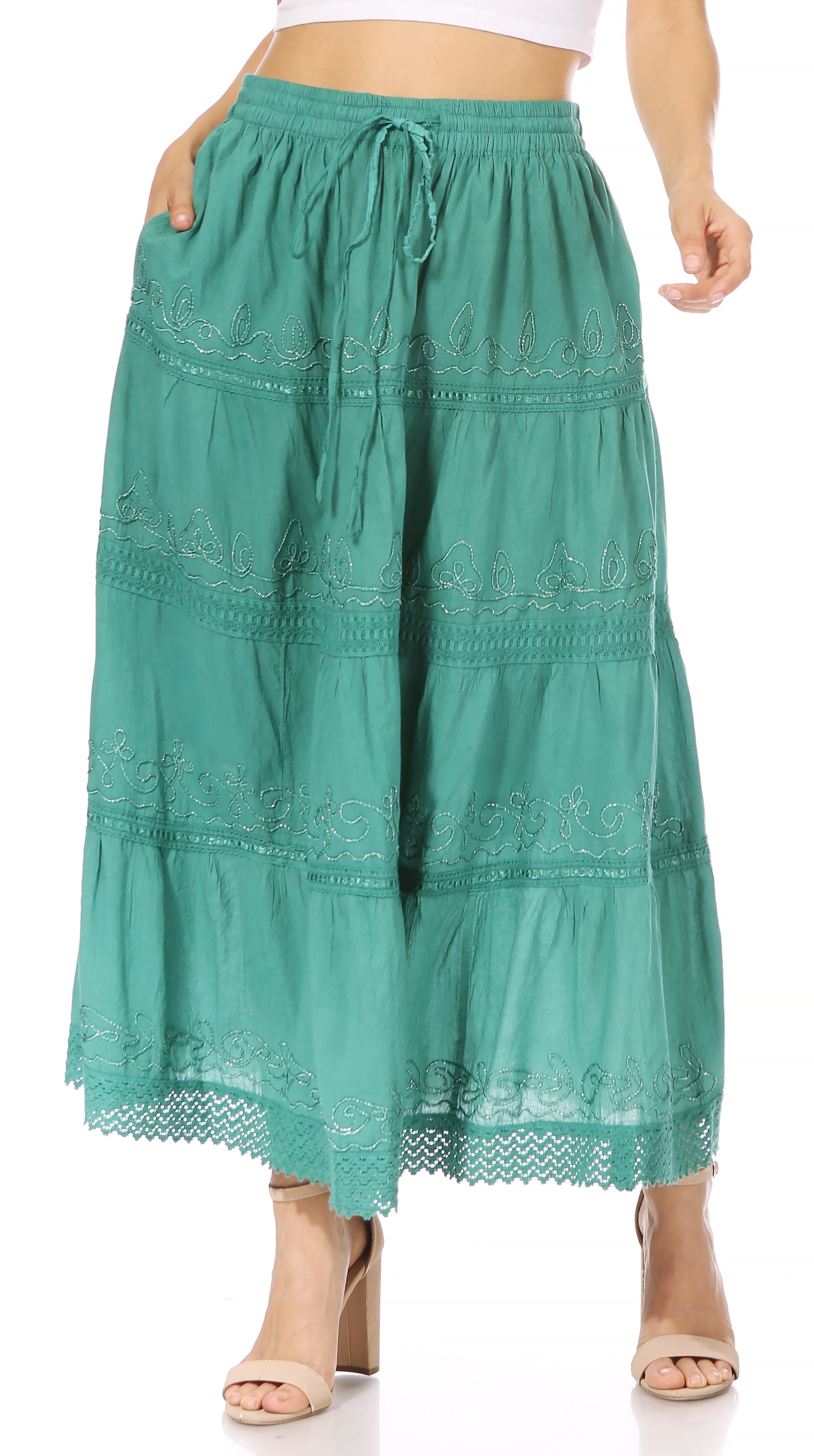 Sakkas Solid Embroidered Crochet Lace Trim Gypsy Bohemian Mid Length Cotton Skirt - Concordia Style Boutique