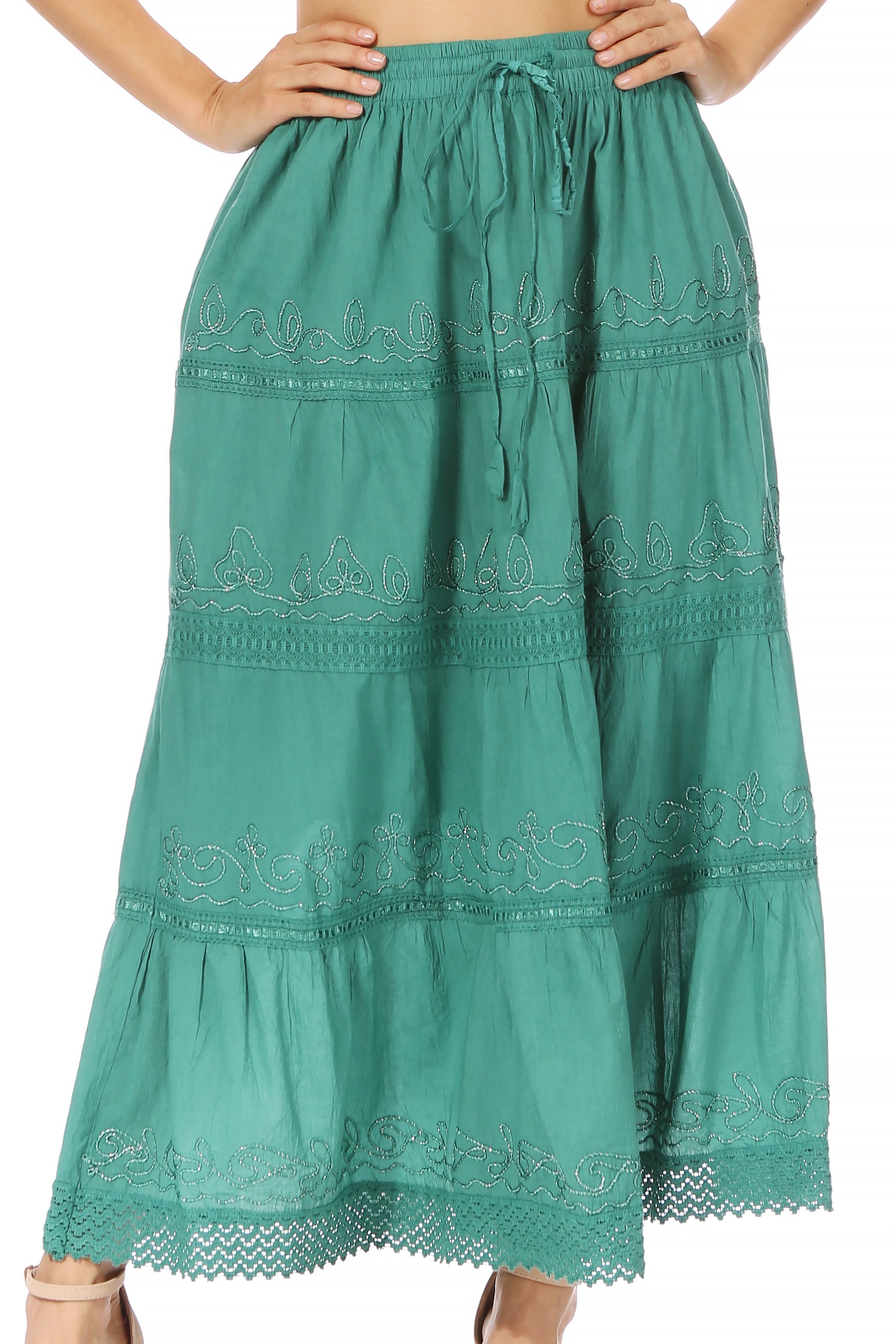 Sakkas Solid Embroidered Crochet Lace Trim Gypsy Bohemian Mid Length Cotton Skirt - Concordia Style Boutique