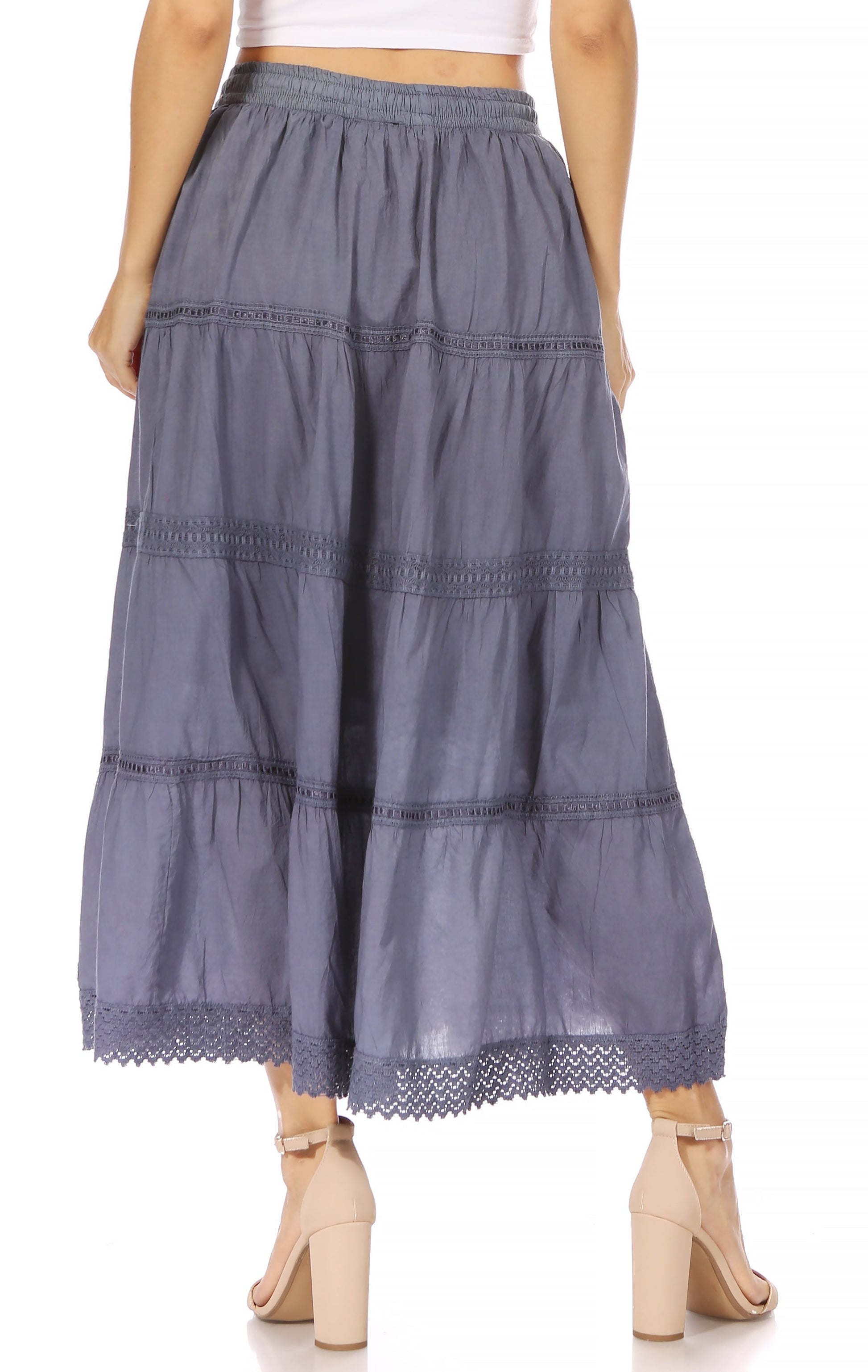 Sakkas Solid Embroidered Crochet Lace Trim Gypsy Bohemian Mid Length Cotton Skirt - Concordia Style Boutique