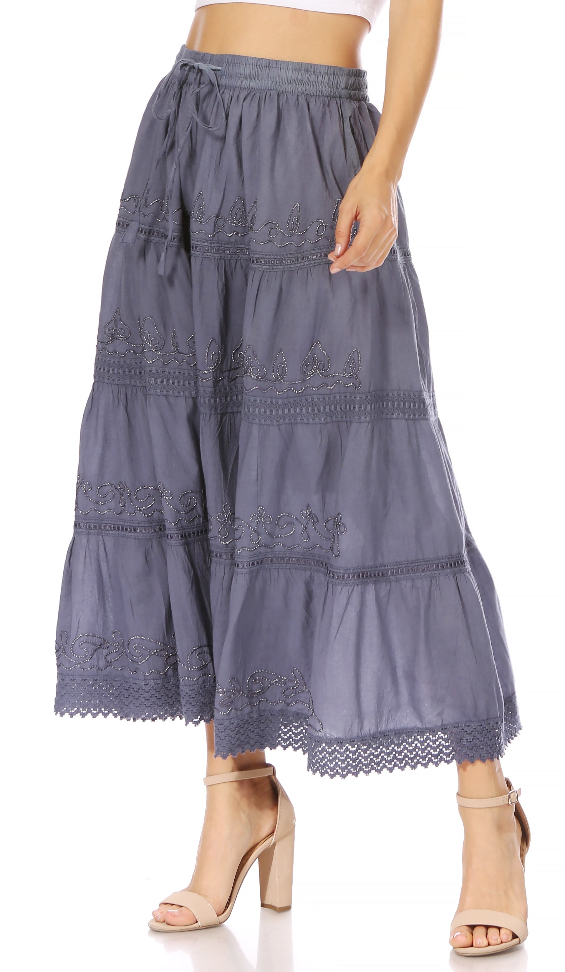 Sakkas Solid Embroidered Crochet Lace Trim Gypsy Bohemian Mid Length Cotton Skirt - Concordia Style Boutique
