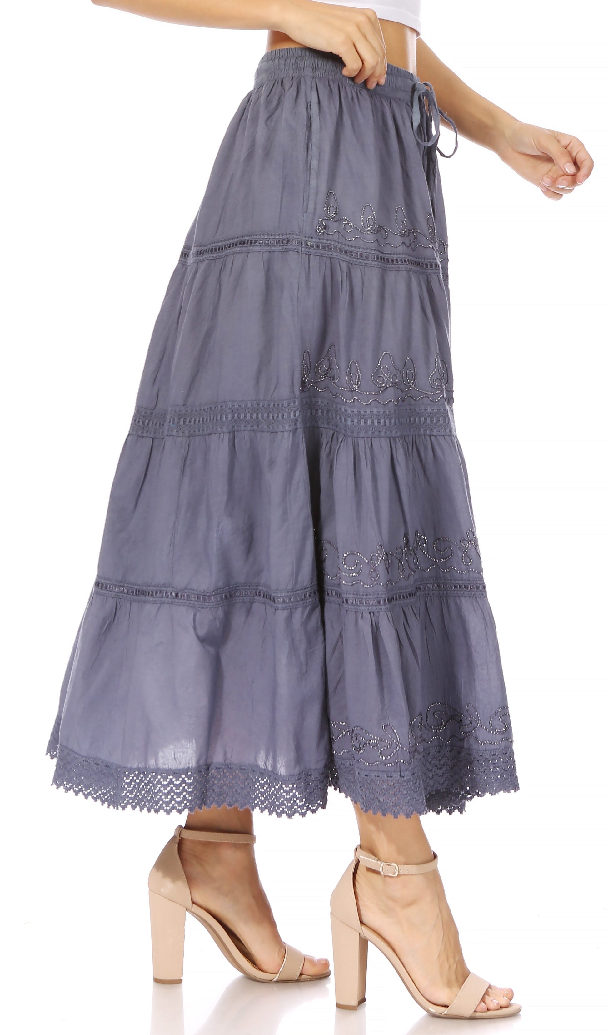 Sakkas Solid Embroidered Crochet Lace Trim Gypsy Bohemian Mid Length Cotton Skirt - Concordia Style Boutique