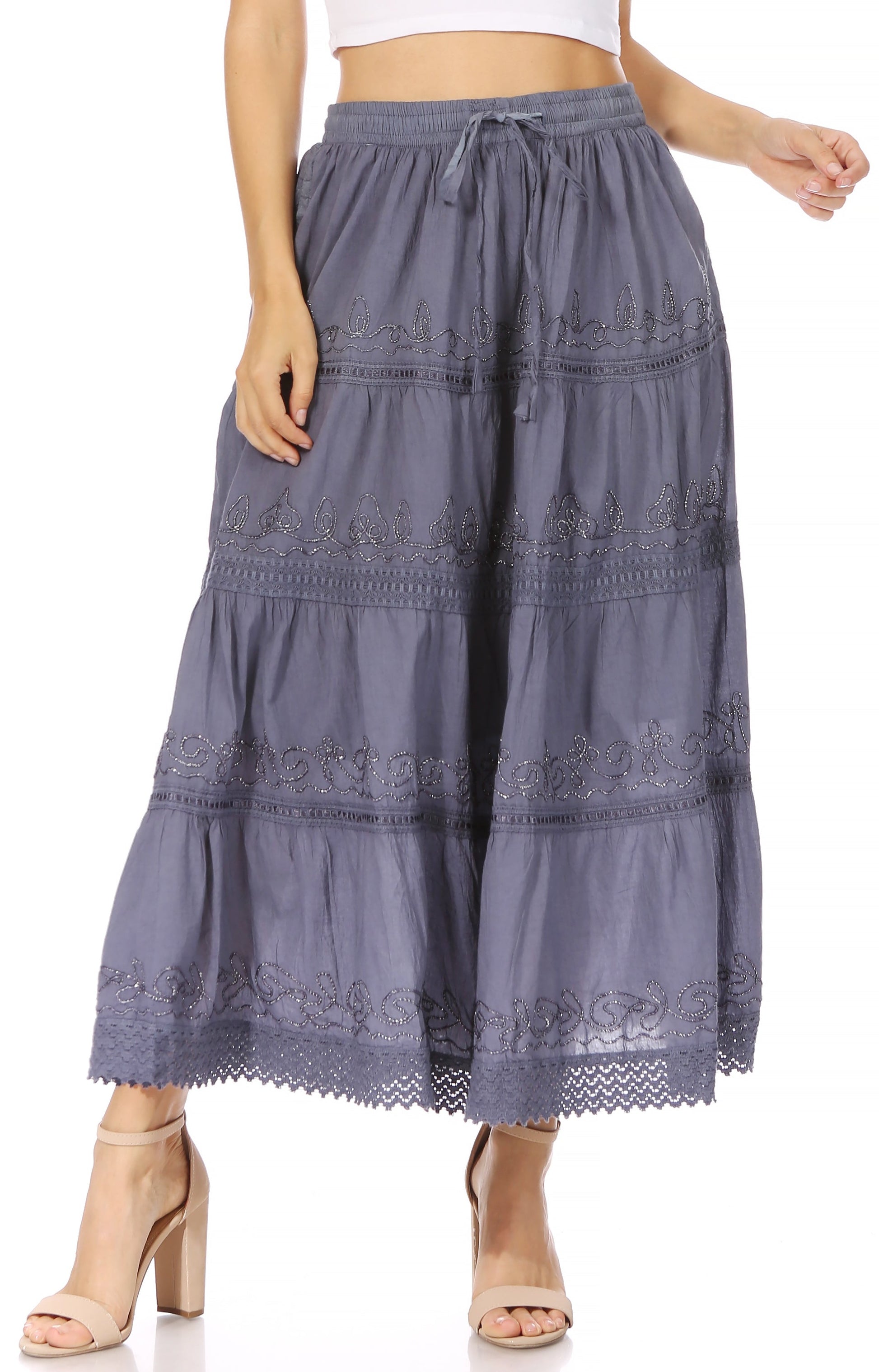 Sakkas Solid Embroidered Crochet Lace Trim Gypsy Bohemian Mid Length Cotton Skirt - Concordia Style Boutique