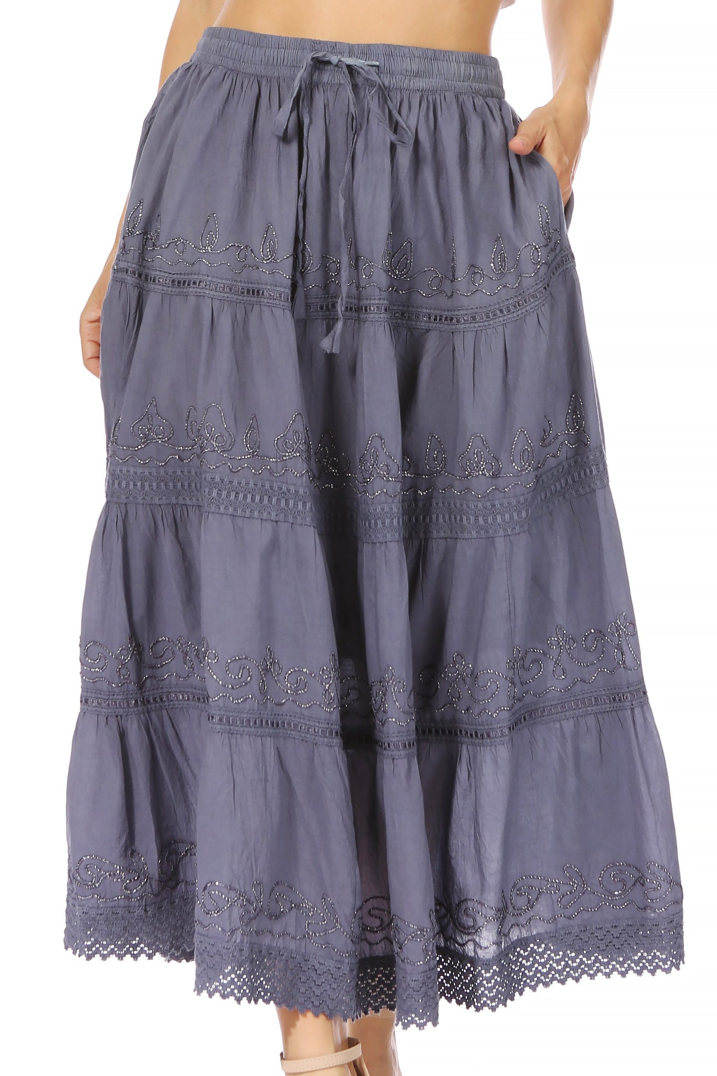 Sakkas Solid Embroidered Crochet Lace Trim Gypsy Bohemian Mid Length Cotton Skirt - Concordia Style Boutique