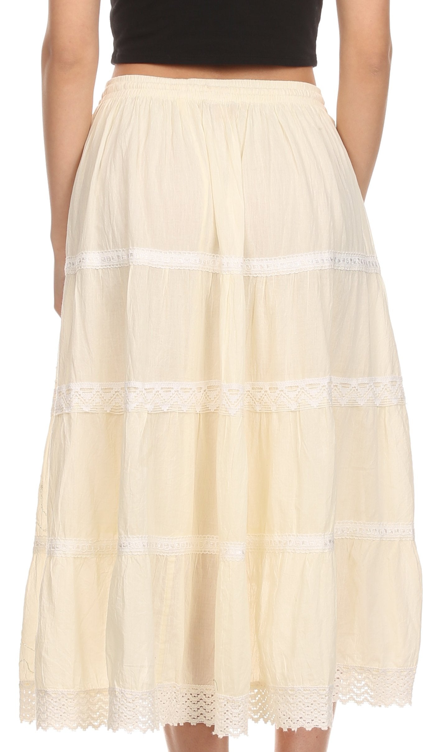 Sakkas Solid Embroidered Crochet Lace Trim Gypsy Bohemian Mid Length Cotton Skirt - Concordia Style Boutique