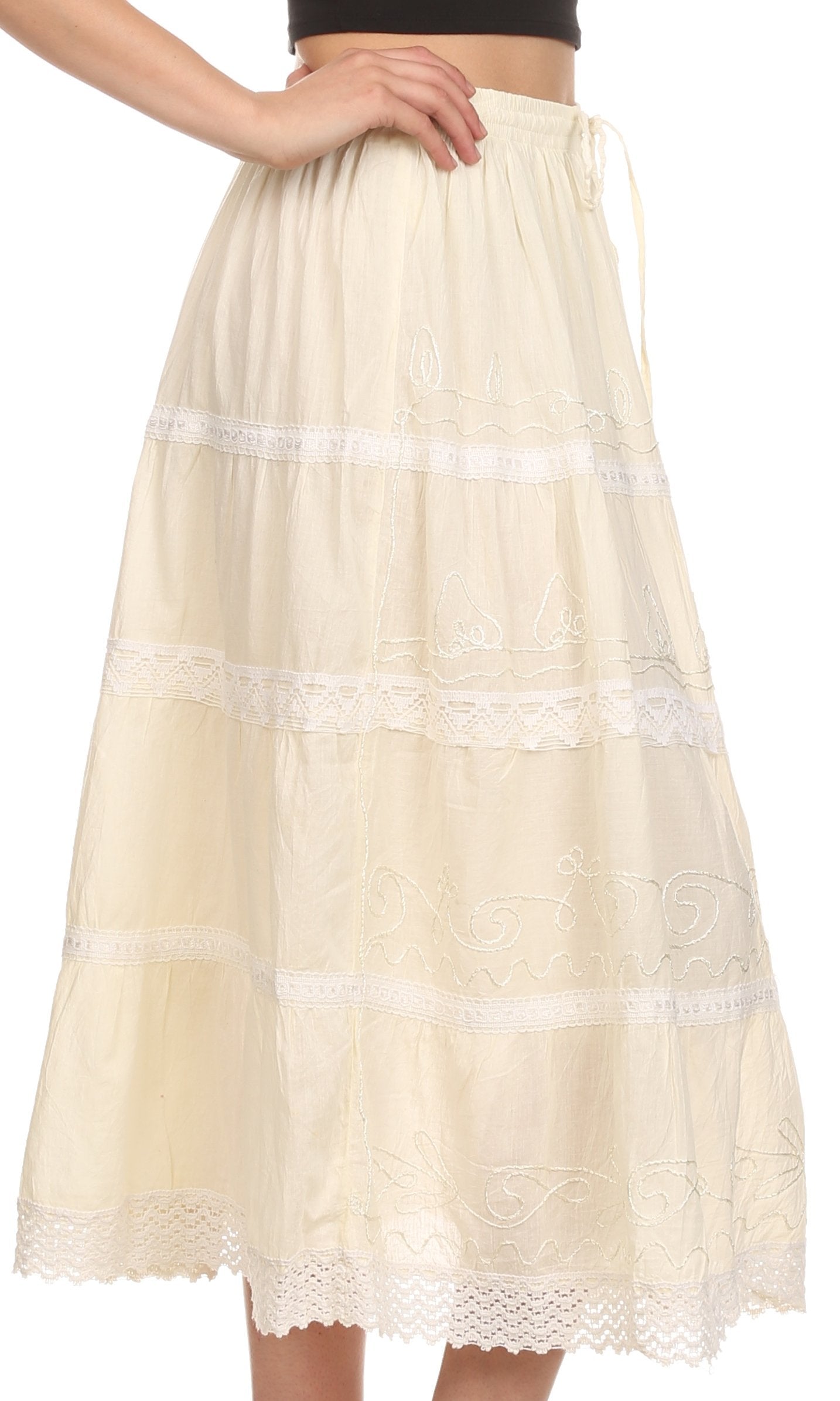 Sakkas Solid Embroidered Crochet Lace Trim Gypsy Bohemian Mid Length Cotton Skirt - Concordia Style Boutique