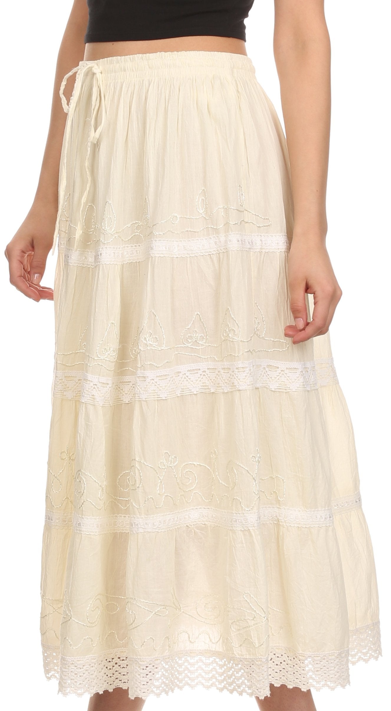 Sakkas Solid Embroidered Crochet Lace Trim Gypsy Bohemian Mid Length Cotton Skirt - Concordia Style Boutique
