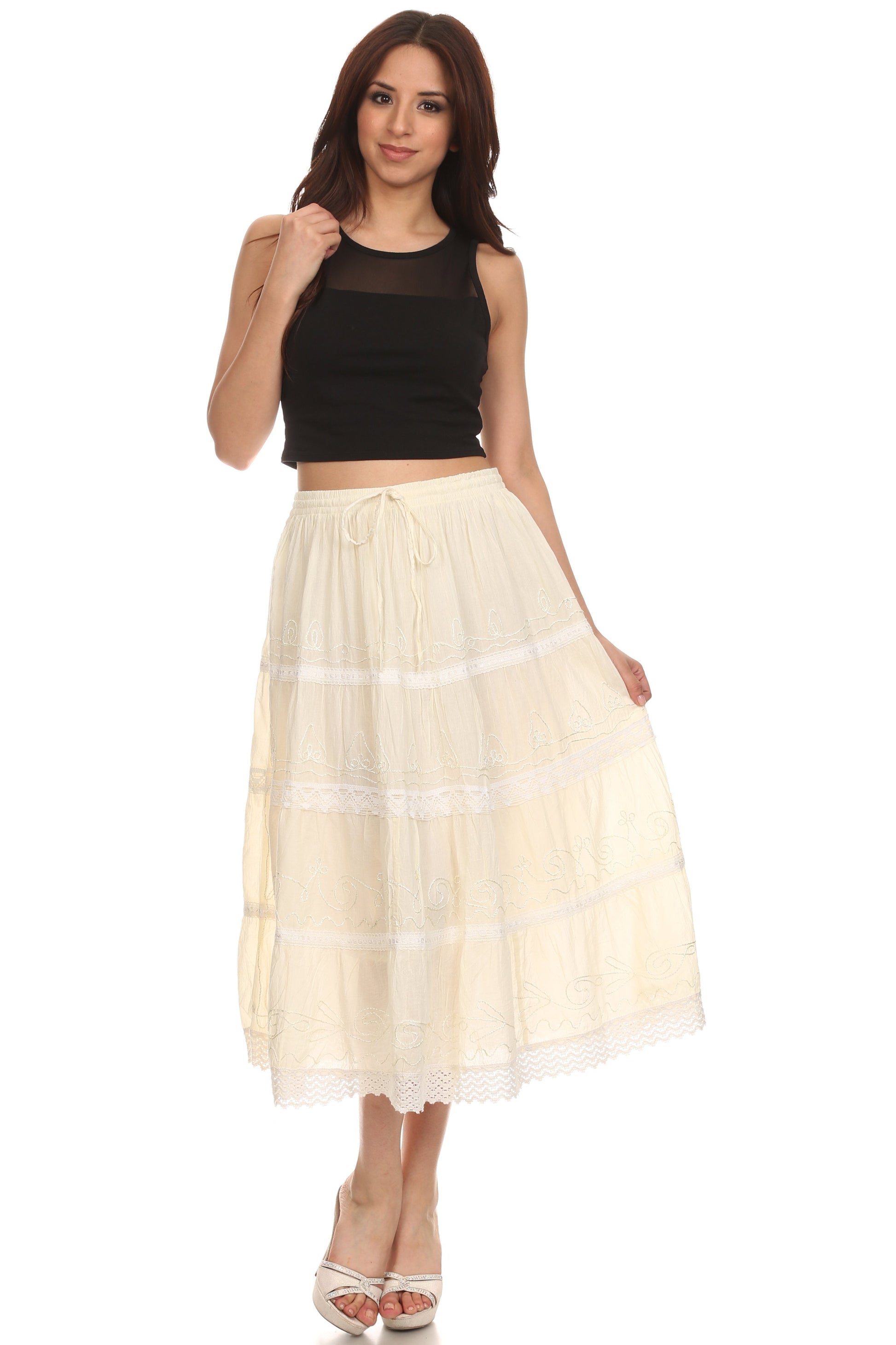Sakkas Solid Embroidered Crochet Lace Trim Gypsy Bohemian Mid Length Cotton Skirt - Concordia Style Boutique