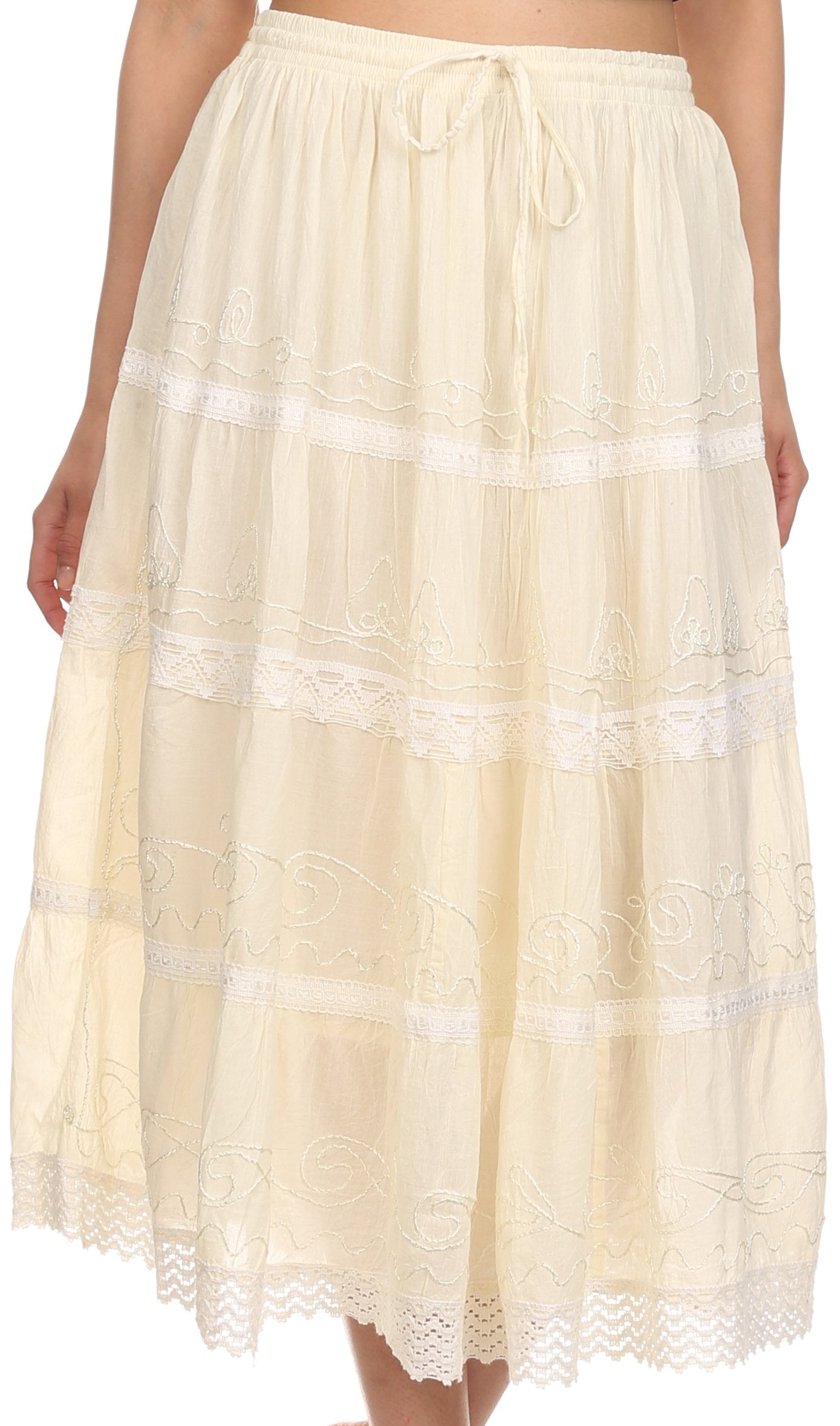 Sakkas Solid Embroidered Crochet Lace Trim Gypsy Bohemian Mid Length Cotton Skirt - Concordia Style Boutique
