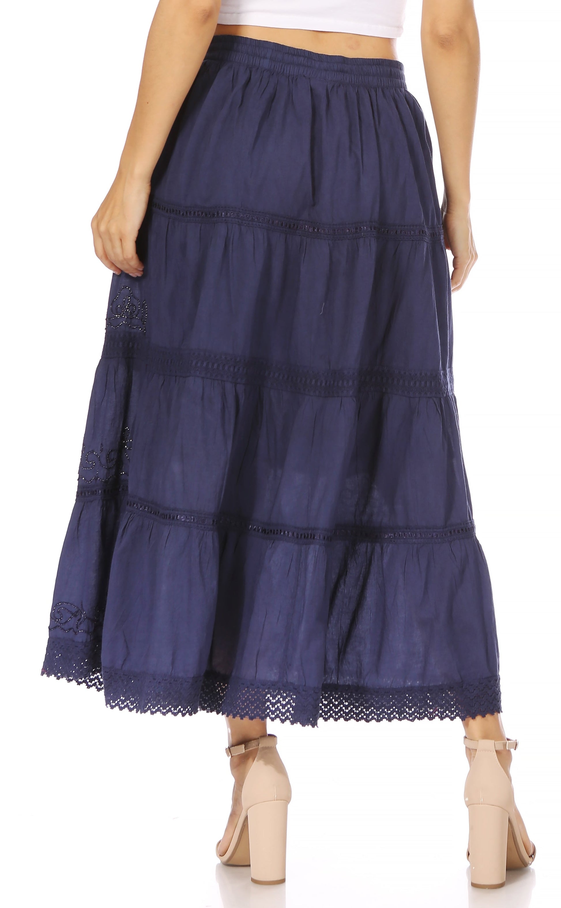 Sakkas Solid Embroidered Crochet Lace Trim Gypsy Bohemian Mid Length Cotton Skirt - Concordia Style Boutique
