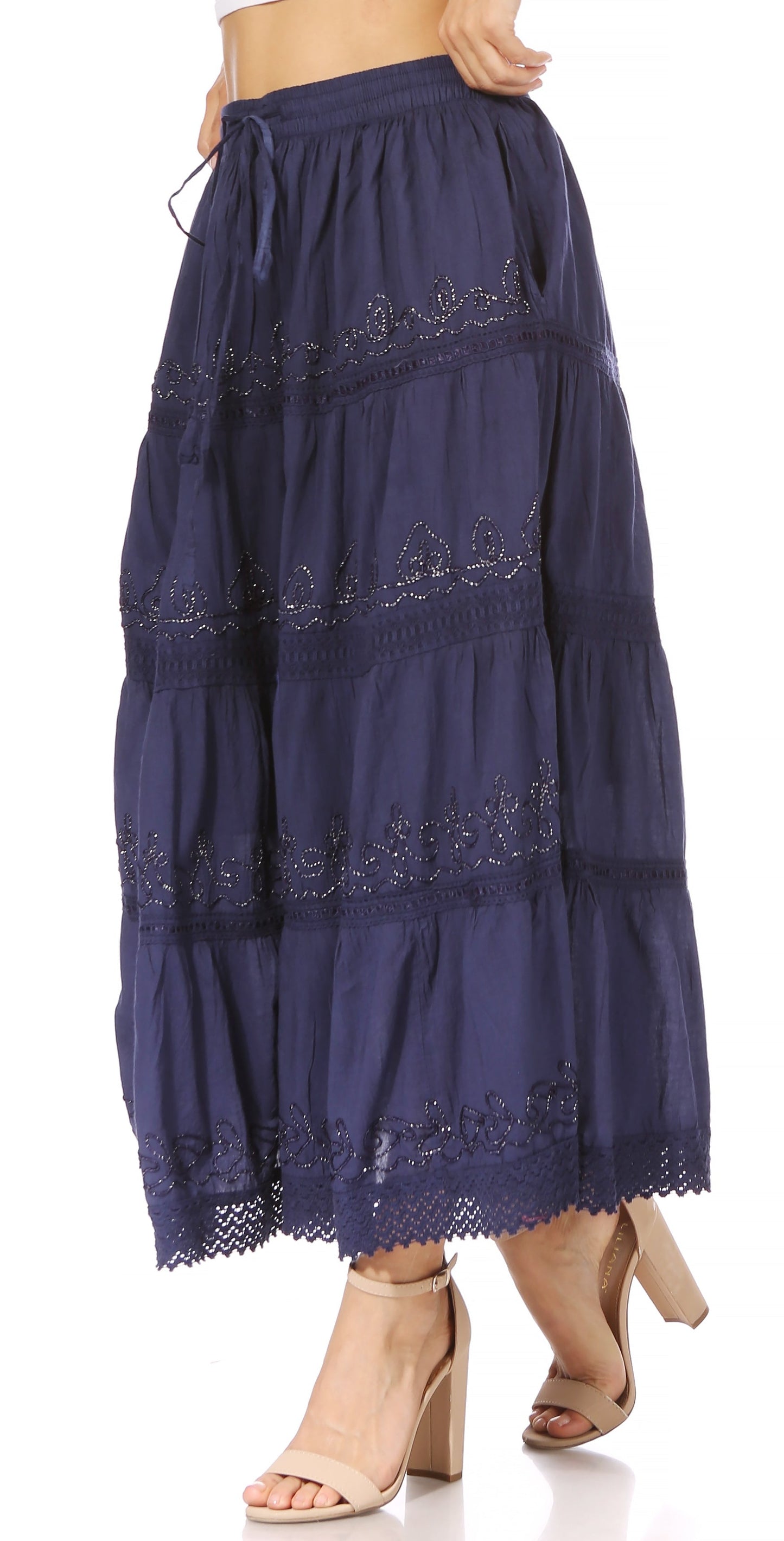 Sakkas Solid Embroidered Crochet Lace Trim Gypsy Bohemian Mid Length Cotton Skirt - Concordia Style Boutique