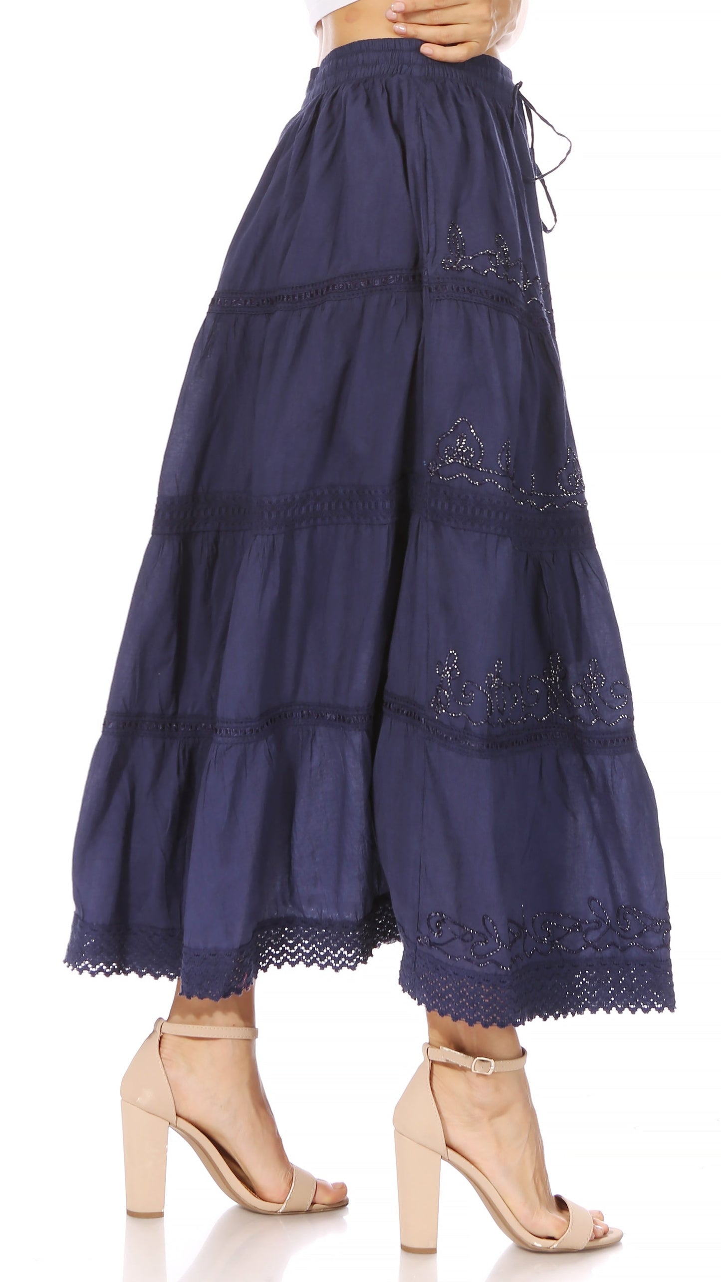 Sakkas Solid Embroidered Crochet Lace Trim Gypsy Bohemian Mid Length Cotton Skirt - Concordia Style Boutique