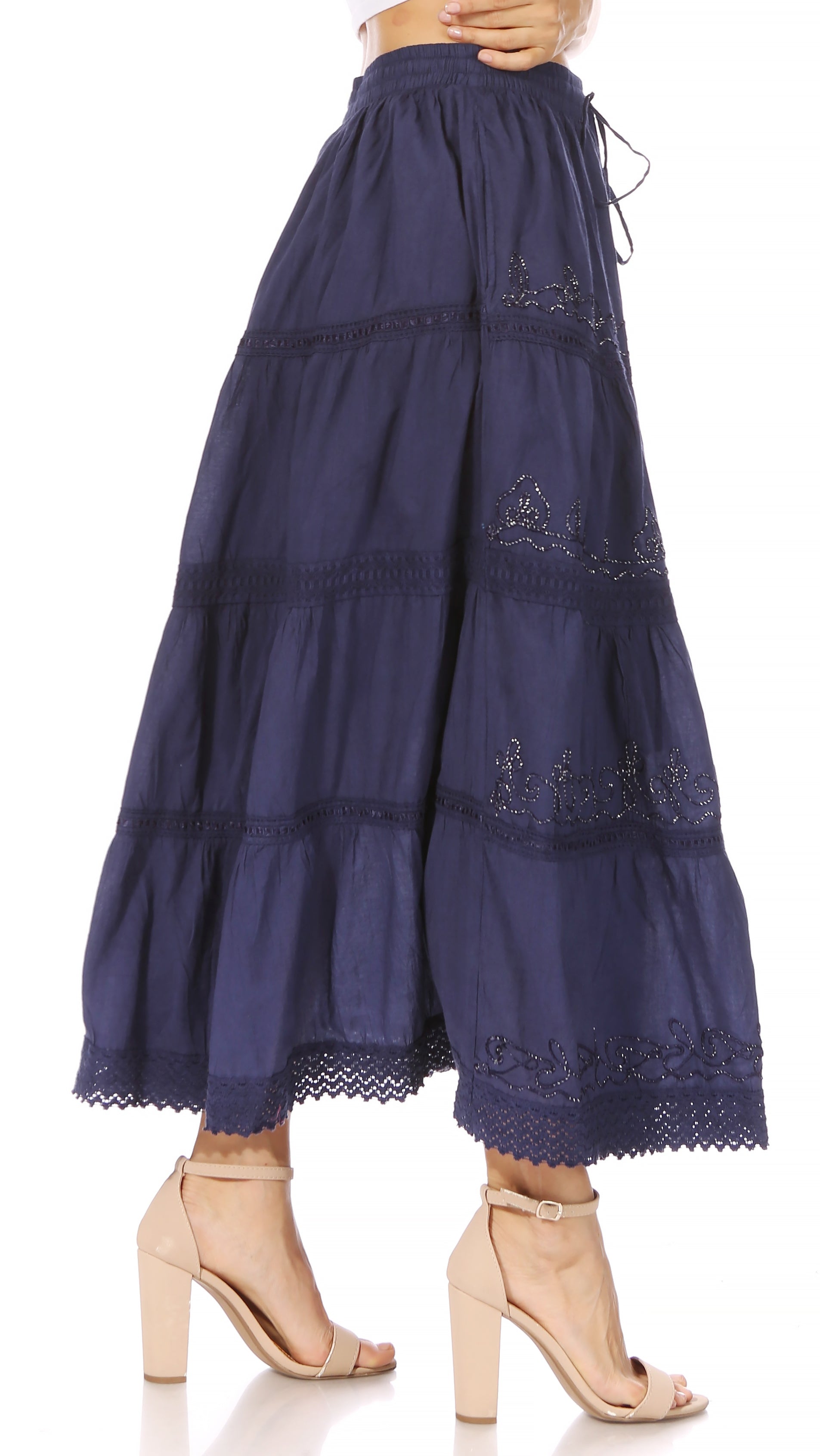 Sakkas Solid Embroidered Crochet Lace Trim Gypsy Bohemian Mid Length Cotton Skirt - Concordia Style Boutique