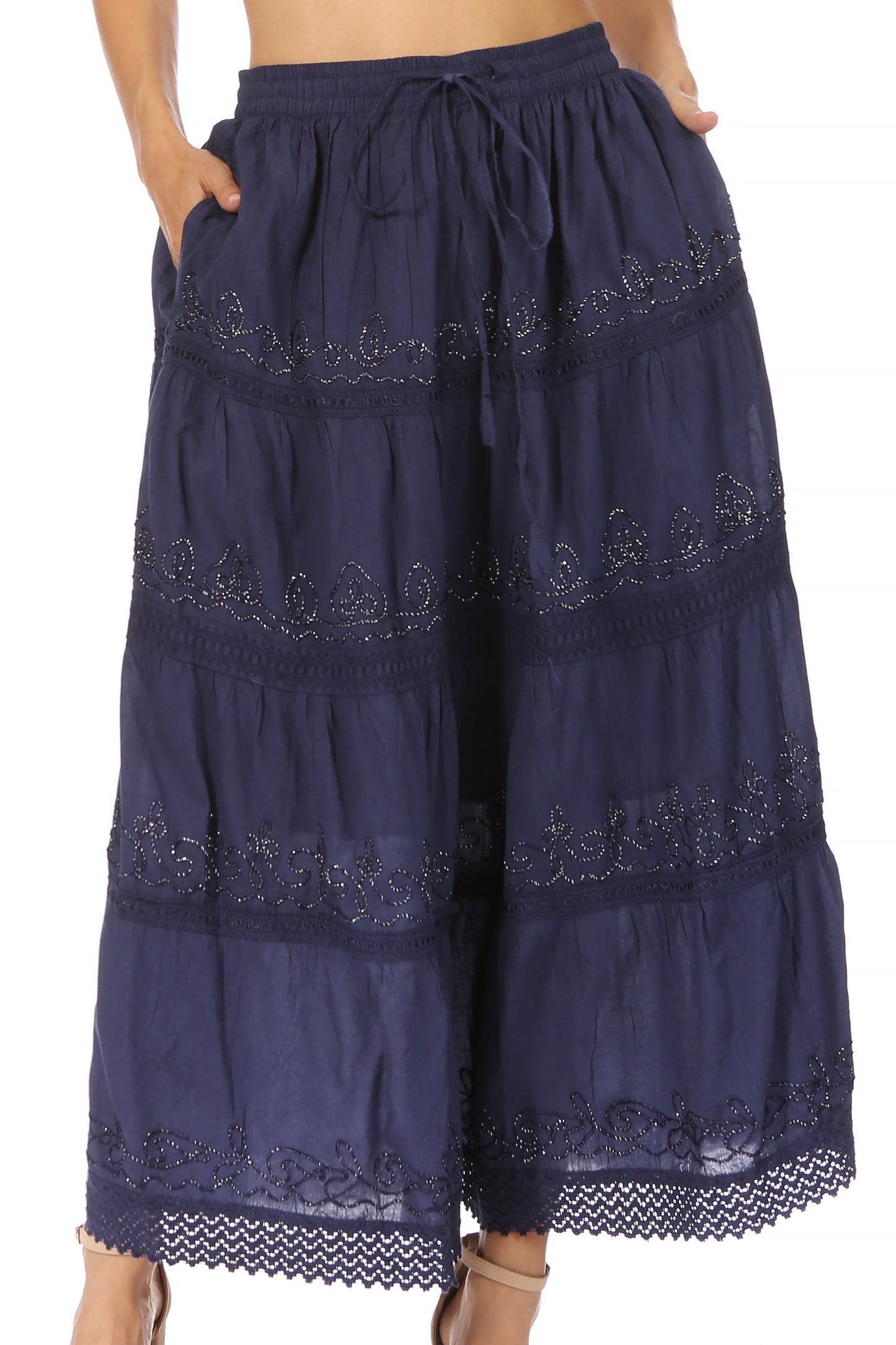 Sakkas Solid Embroidered Crochet Lace Trim Gypsy Bohemian Mid Length Cotton Skirt - Concordia Style Boutique