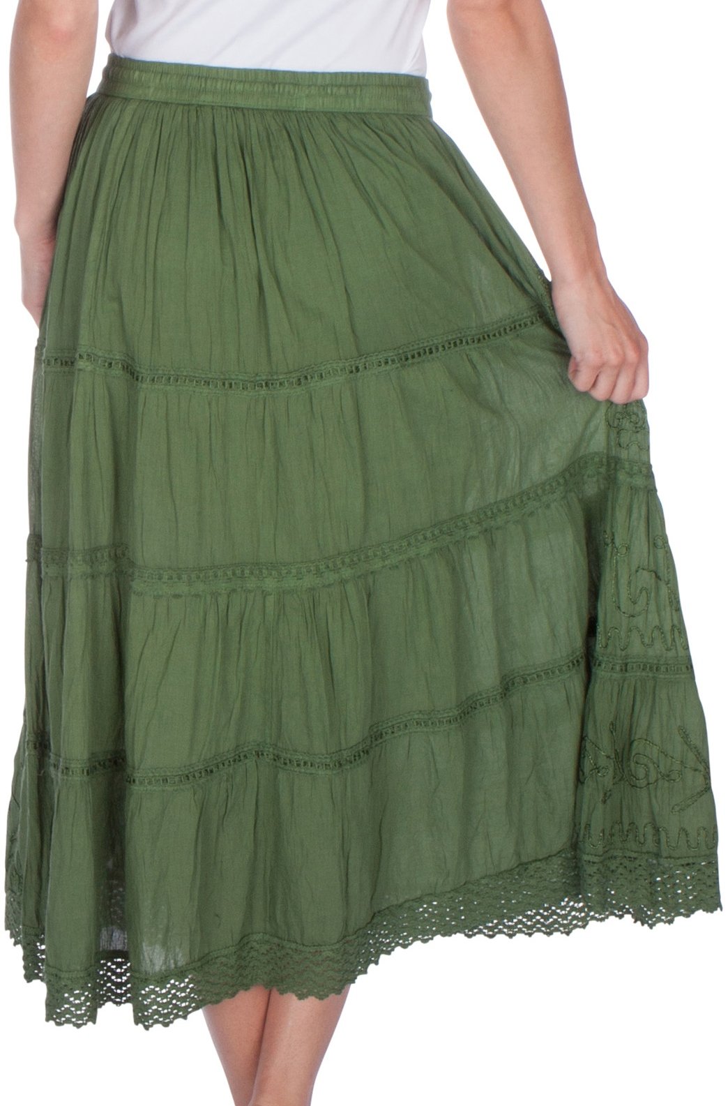 Sakkas Solid Embroidered Crochet Lace Trim Gypsy Bohemian Mid Length Cotton Skirt - Concordia Style Boutique